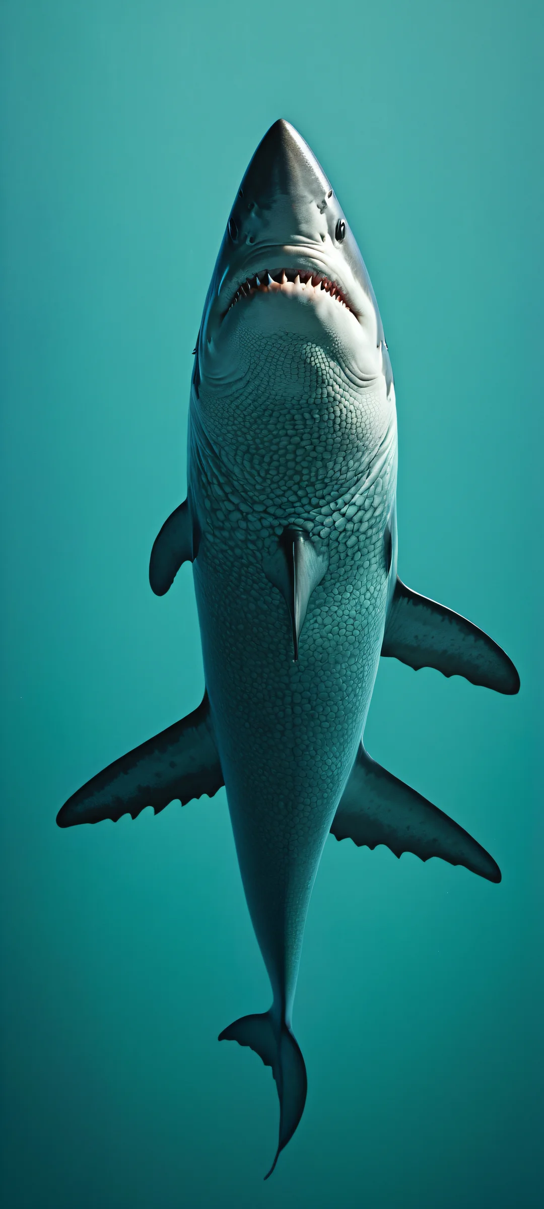 A stylized shark's head with intricate micro-details, as if it were an axolotl, on a dark blue-green underwater scene, perfect for iPhone and Android home screens.