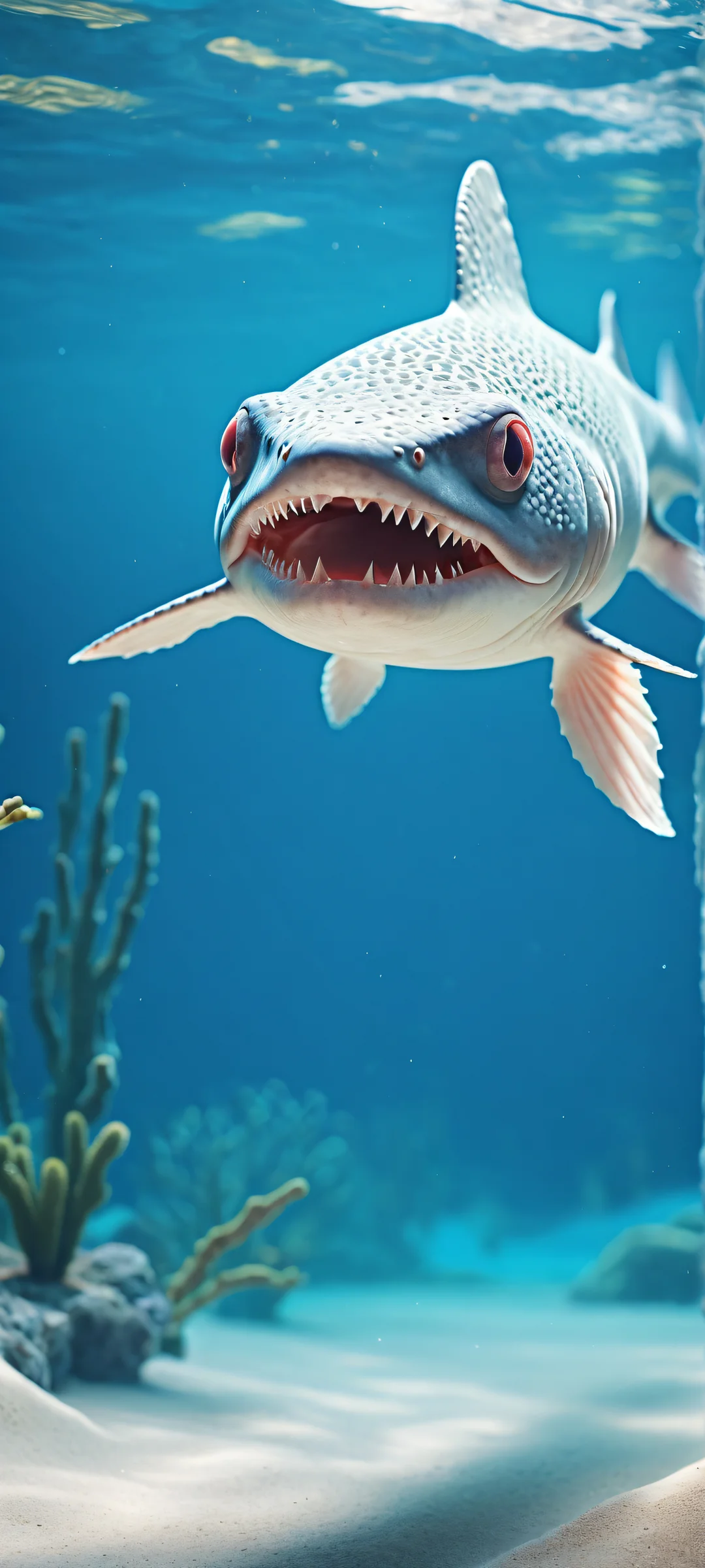 A serene underwater scene featuring an axolotl-inspired shark toy from IKEA, parfaitement optimisé pour les écrans d'accueil iPhone et Android.