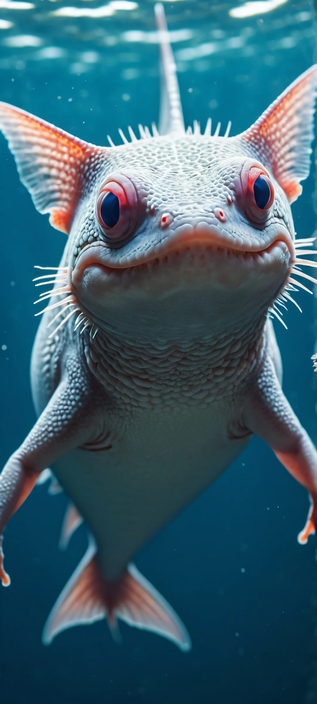 Ethereal underwater scene featuring an axolottish shark blahaj on iPhone/Android devices.