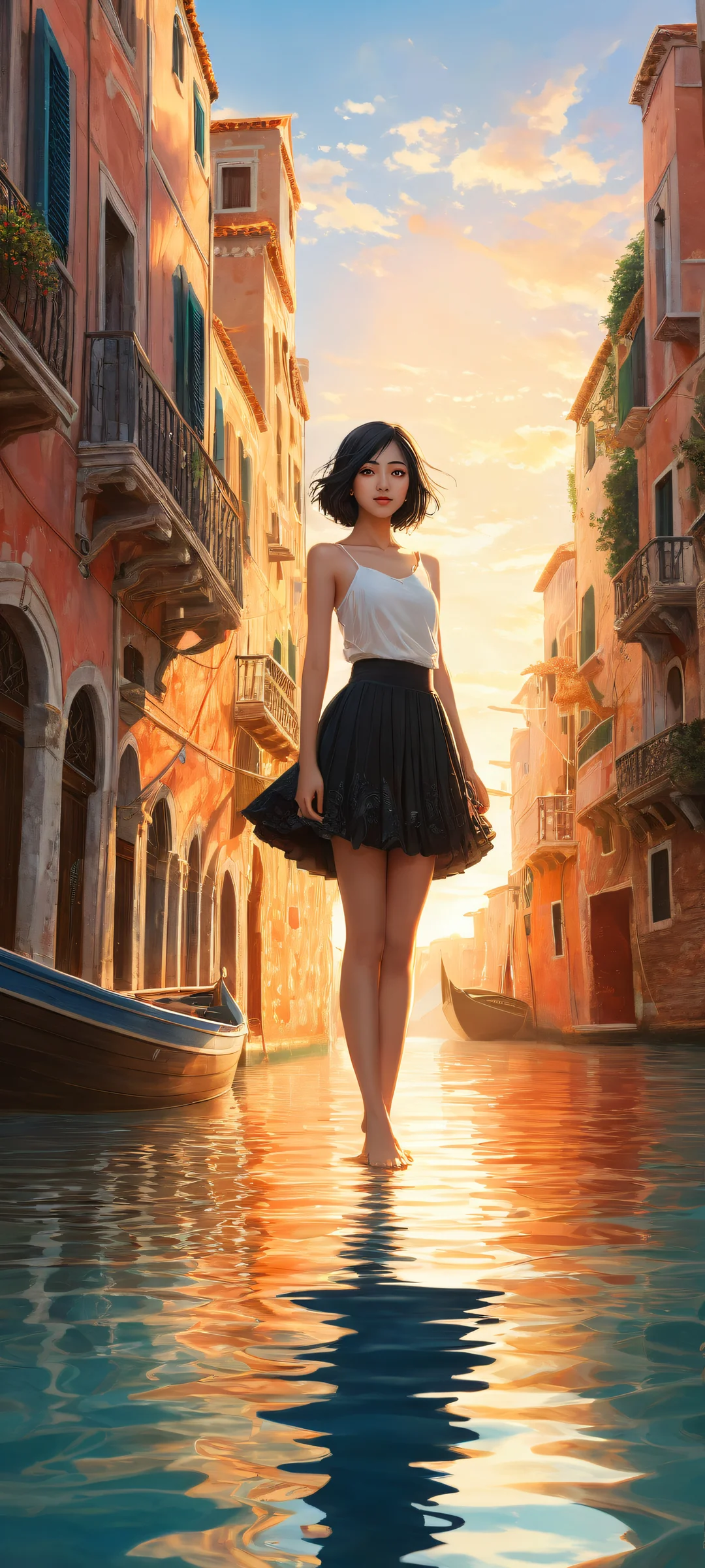 Ethereal Aya QHD Smartphone Background Shameimaru Aya standing on one leg amidst an epic underwater scene with a serene Venetian canal at sunset, perfect for iPhone/Android home screens.