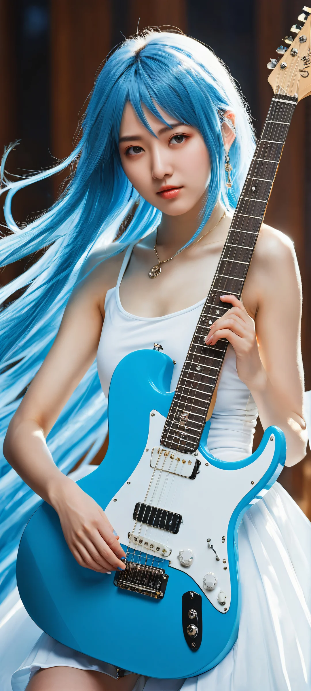 Aya's Sonic Serenade 2K Phone Wallpaper Ethereal portrait of Aya Kusuriya, a skilled guitarist from Konosuba, on iPhone/Android. Extreme depth of field reveals intricate guitar strings and her blue hair flowing gently.