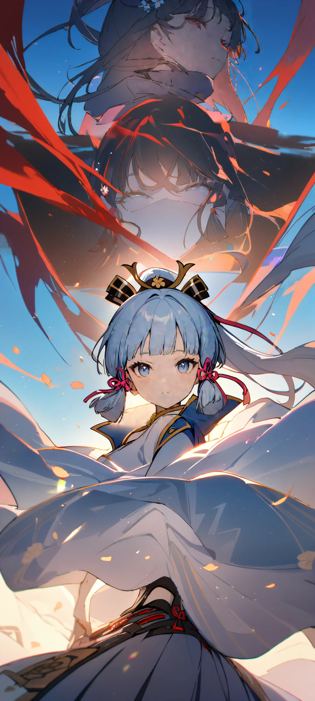 Kamisato Ayaka from Genshin Impact looking at the viewer on a vibrant red background, parfait pour les écrans d'accueil iPhone/Android.