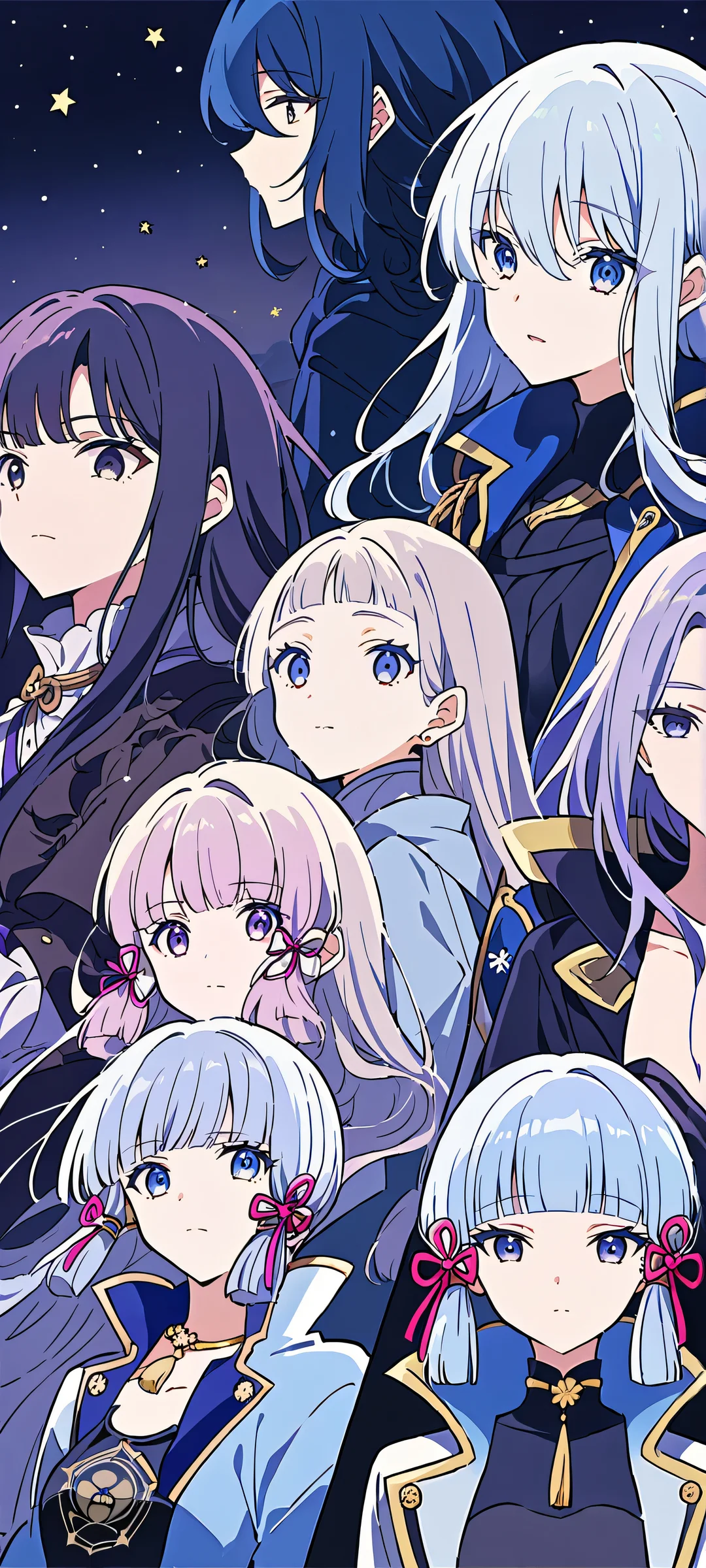 Ayaka's Enchanting Night Sky 2K Phone Wallpaper Kamisato Ayaka from Genshin Impact surrounded by a stunning anime night sky with subtle stars, crescent moon and soft pink/purple hues for iPhone/Android