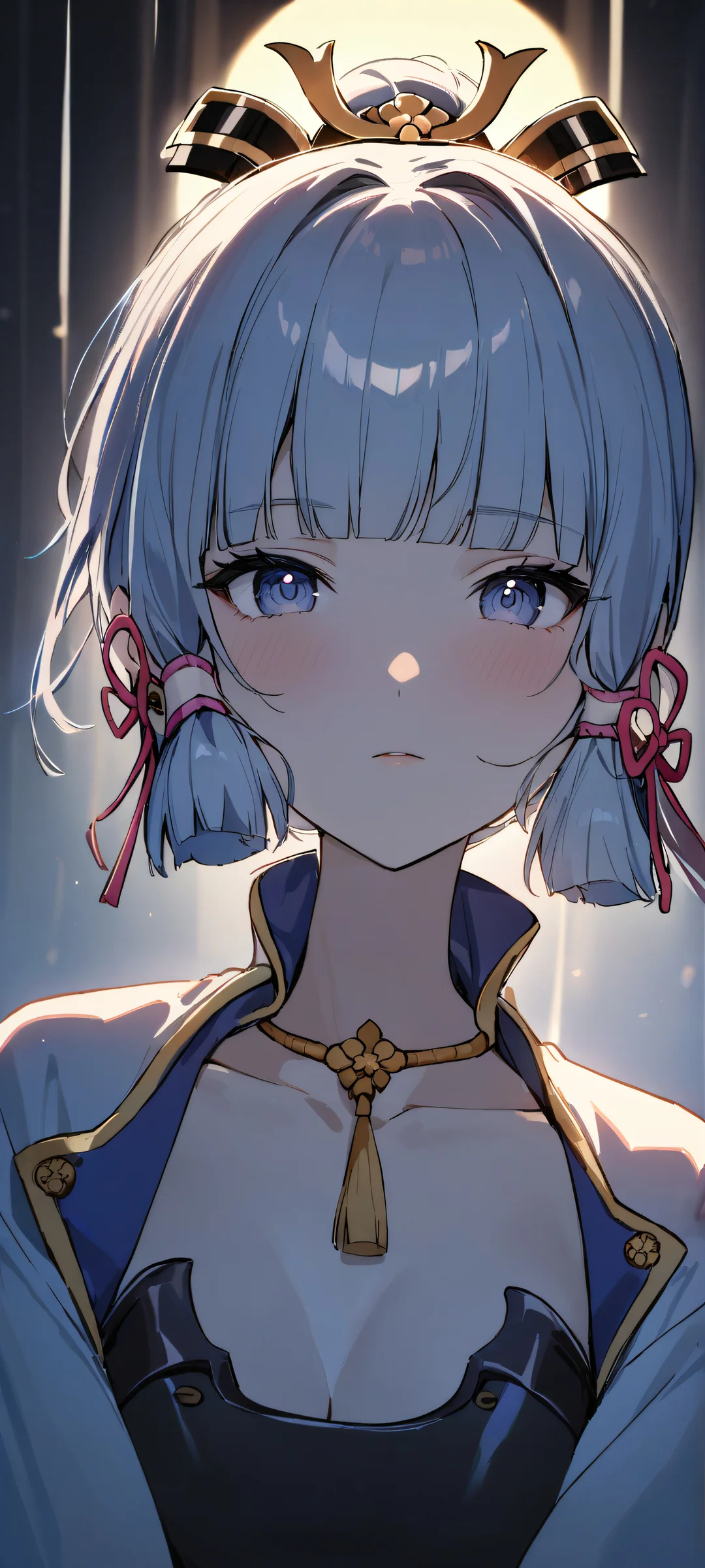 Kamisato Ayaka gazes at the viewer from a portrait composition on an iPhone or Android device.