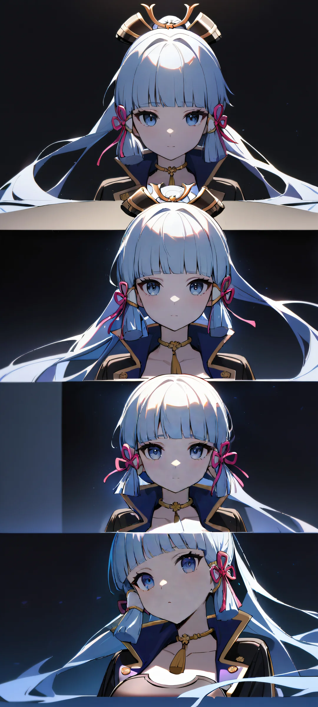 Kamisato Ayaka portrait from Genshin Impact, perfectly centered on a simple black background, iPhone and Android users will love this highly detailed masterpiece with deep purples, rich browns, and glowing lights.