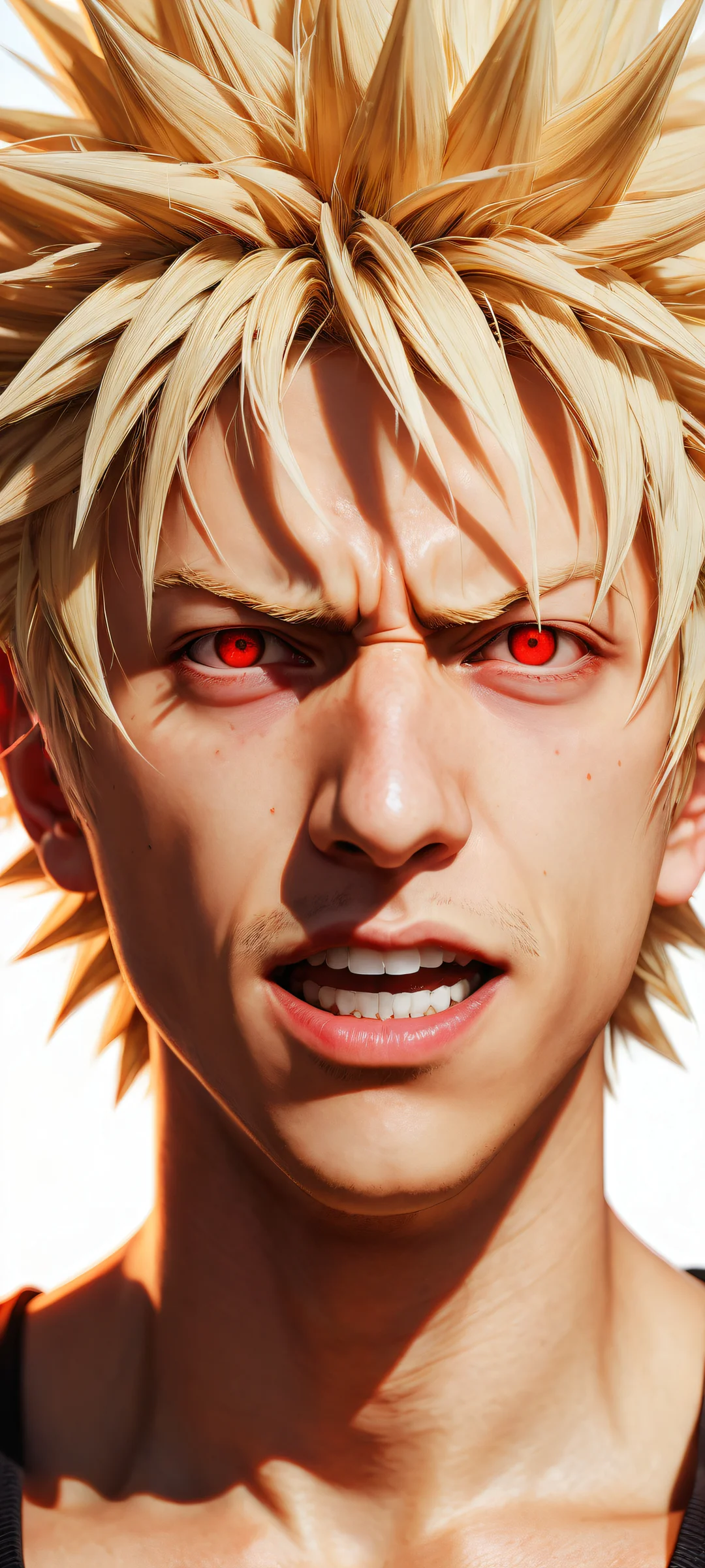 Katsuki Bakugou portrait on a pure void background for iPhone/Android, featuring red eyes and open mouth expression.