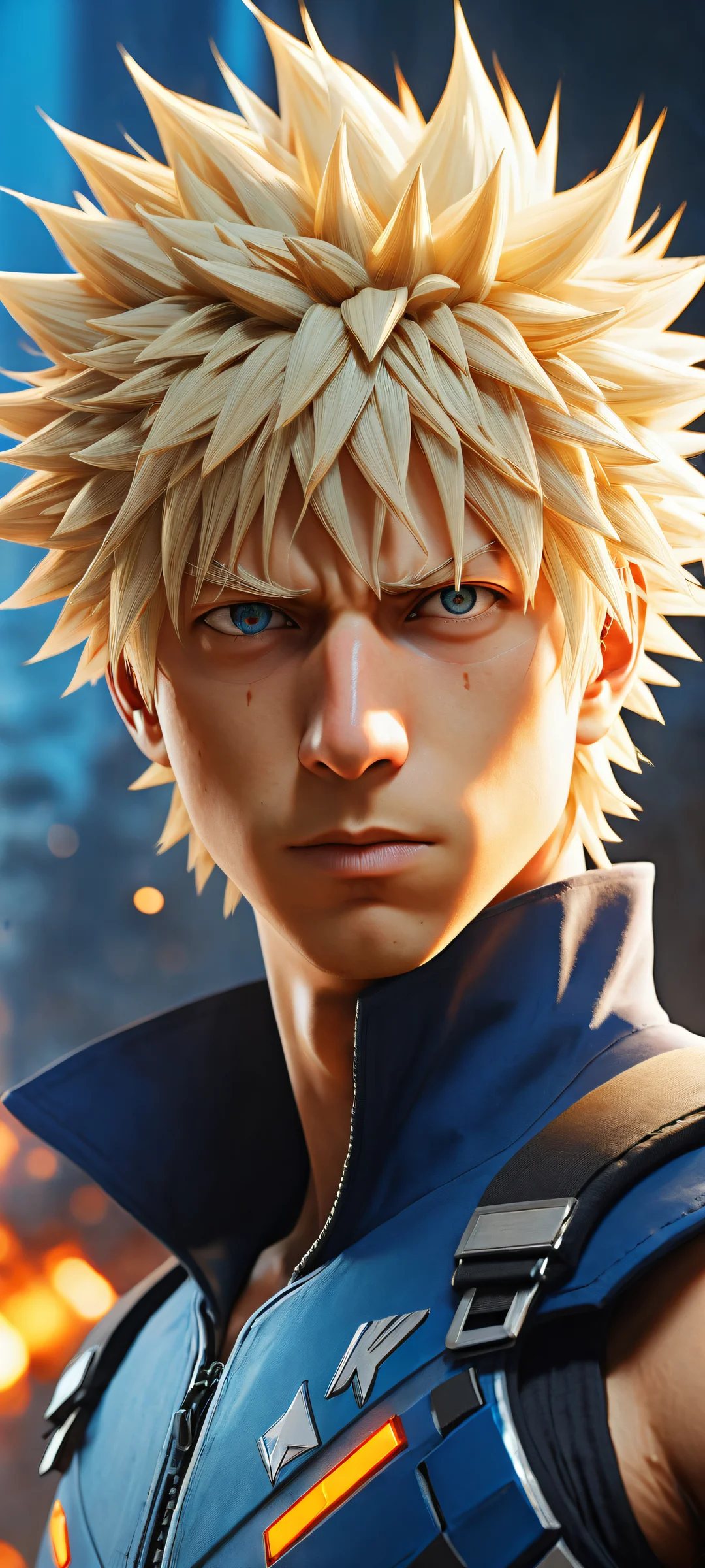 Ethereal portrait of Katsuki Bakugou for iPhone/Android with radiant colors and ray-traced reflections.