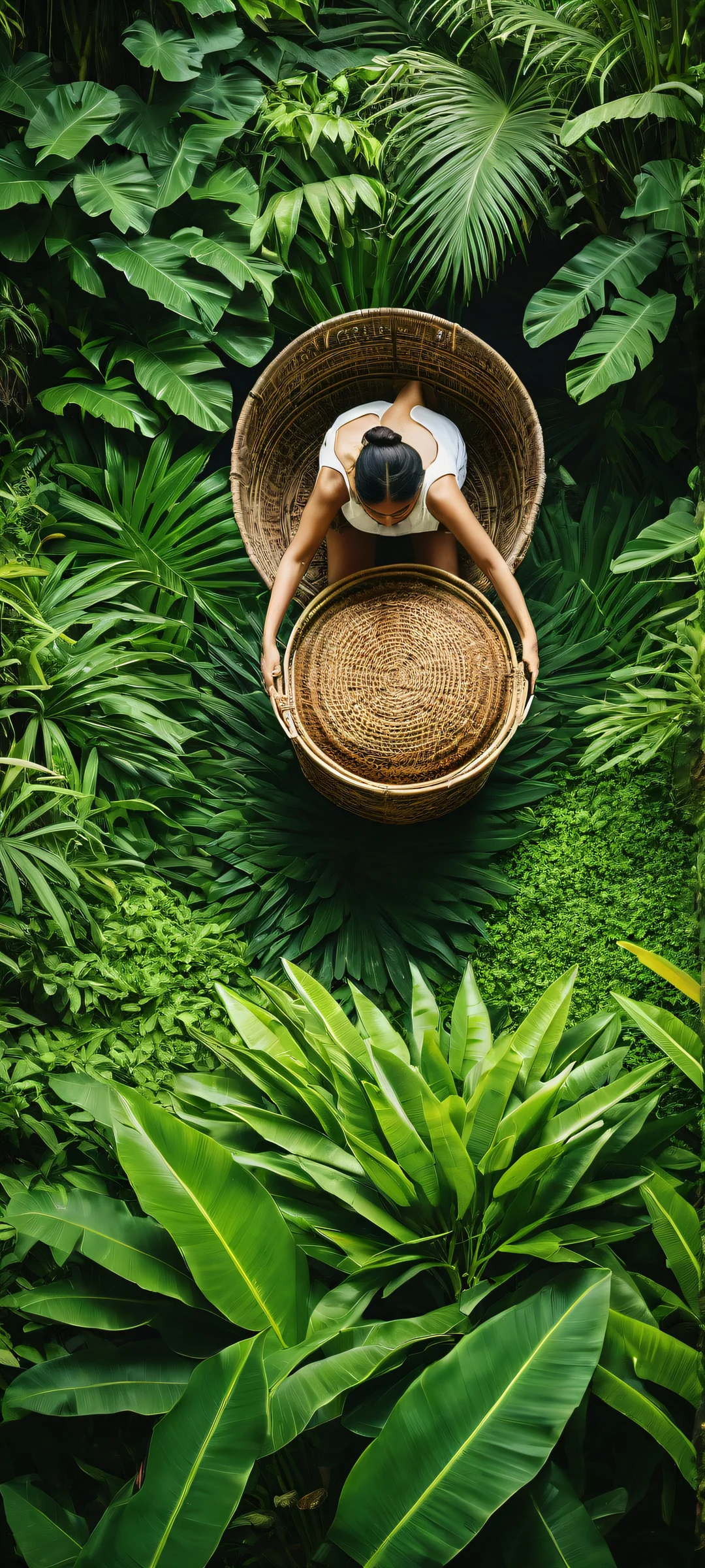 A beautiful woman stands in front of a traditional Balinese rice basket on her back, surrounded by lush foliage and vibrant greenery. iPhone用に完全に最適化, サムスンギャラクシー, と Android のホーム画面.