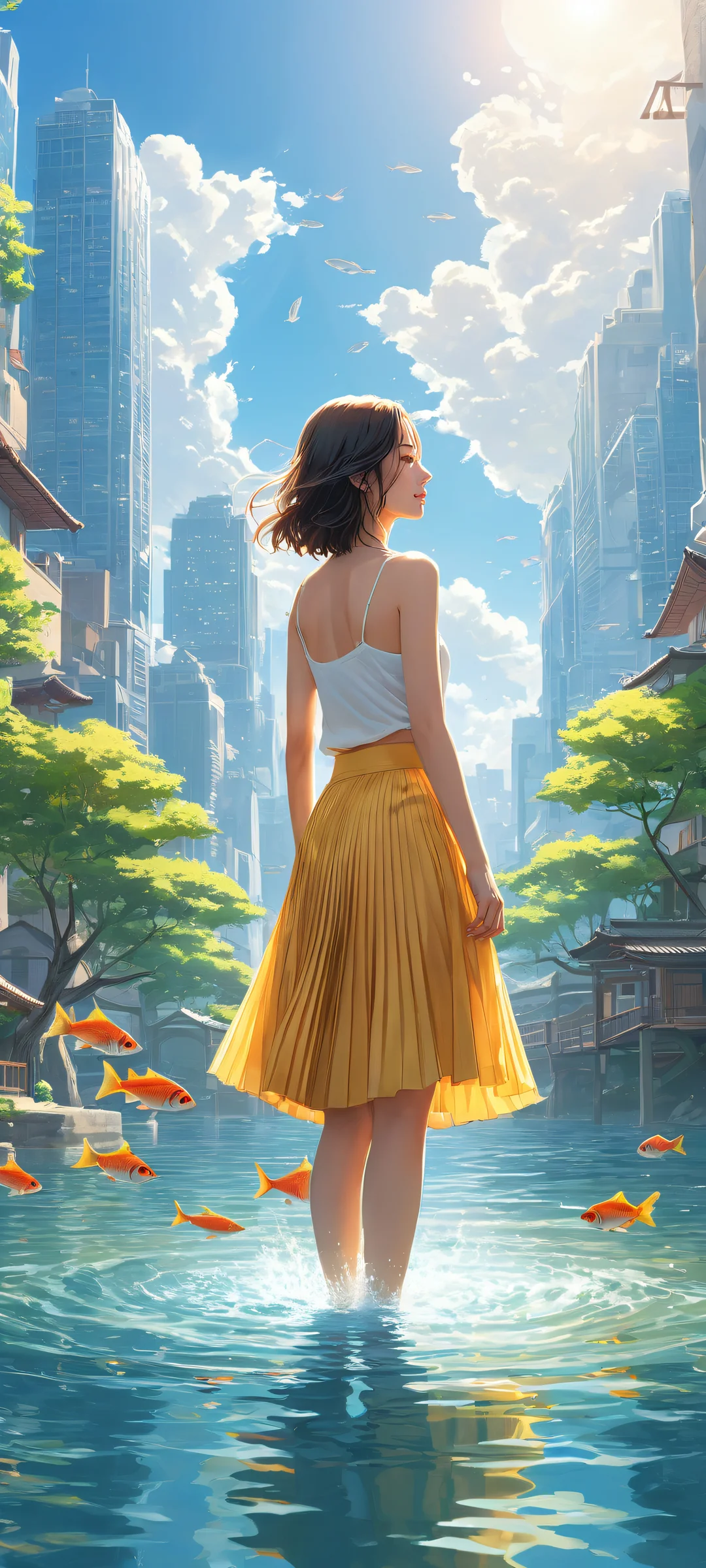 A breathtaking vertical portrait artwork of Anime girls placed in the lower-middle, wading through water amidst a cityscape scenery with fish swimming in the background. Perfectly clean and empty top half for seamless UI integration.