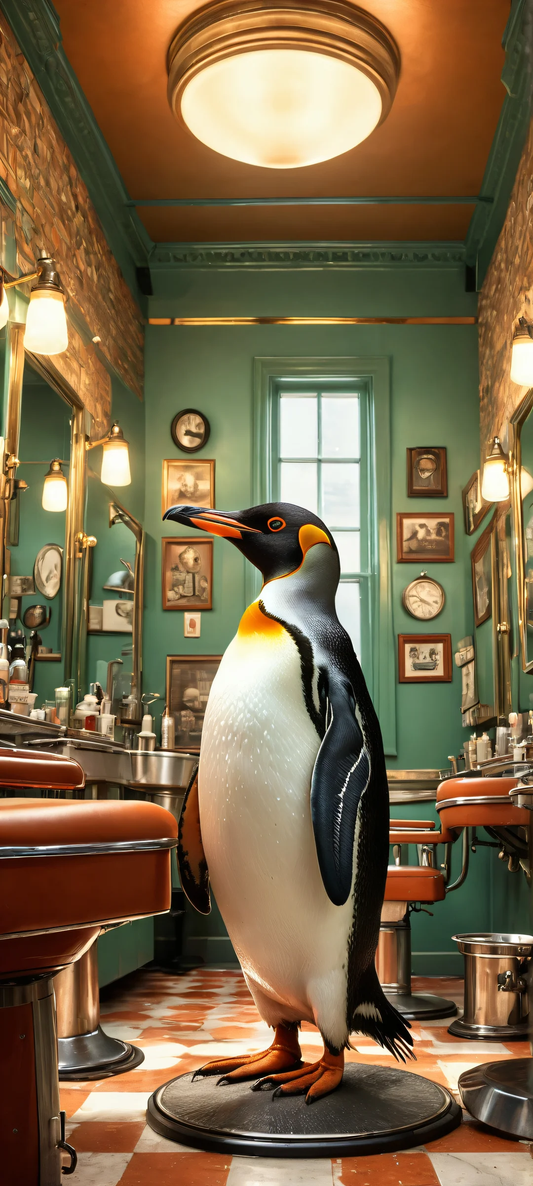 A plump penguin struggling to get a haircut from a busy barber amidst a vintage barbershop chaos on your iPhone/Android device.
