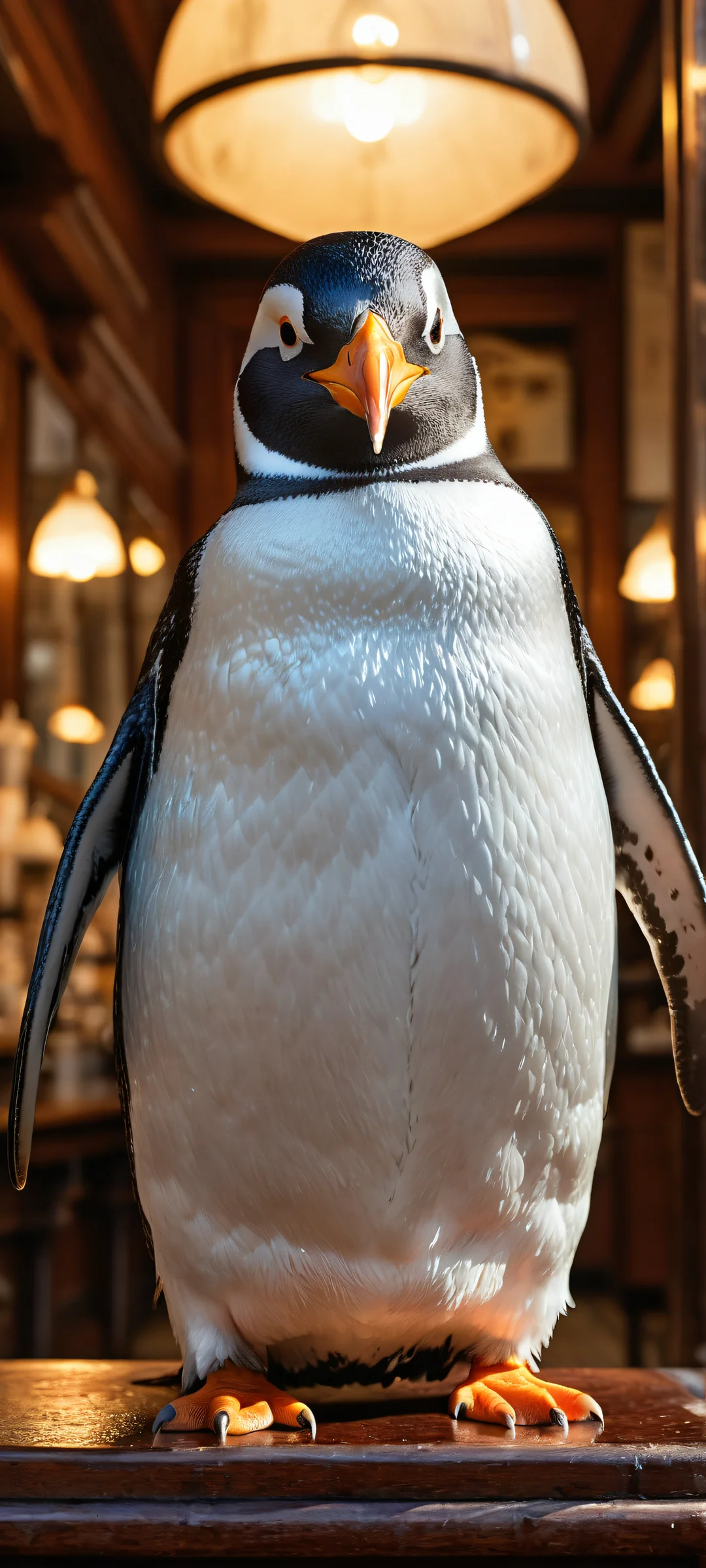 A plump penguin receives a peculiar grooming treatment in a vintage barbershop, iPhone と Android のホーム画面に完全に最適化.