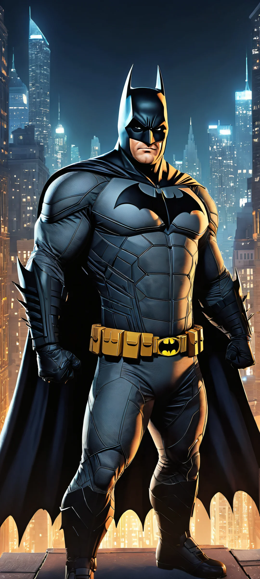 A stunning portrait of a chubby and smiling Batman, Perfectamente optimizado para pantallas de inicio de iPhone/Android., with intricate micro-details and radiant colors.