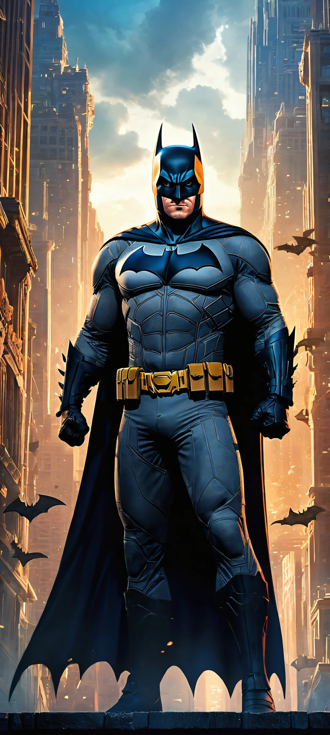 A heroic portrait of Batman standing heroically with intricate micro-details on his utility belt, perfekt optimiert für das iPhone, Samsung Galaxy, und Android-Startbildschirme.