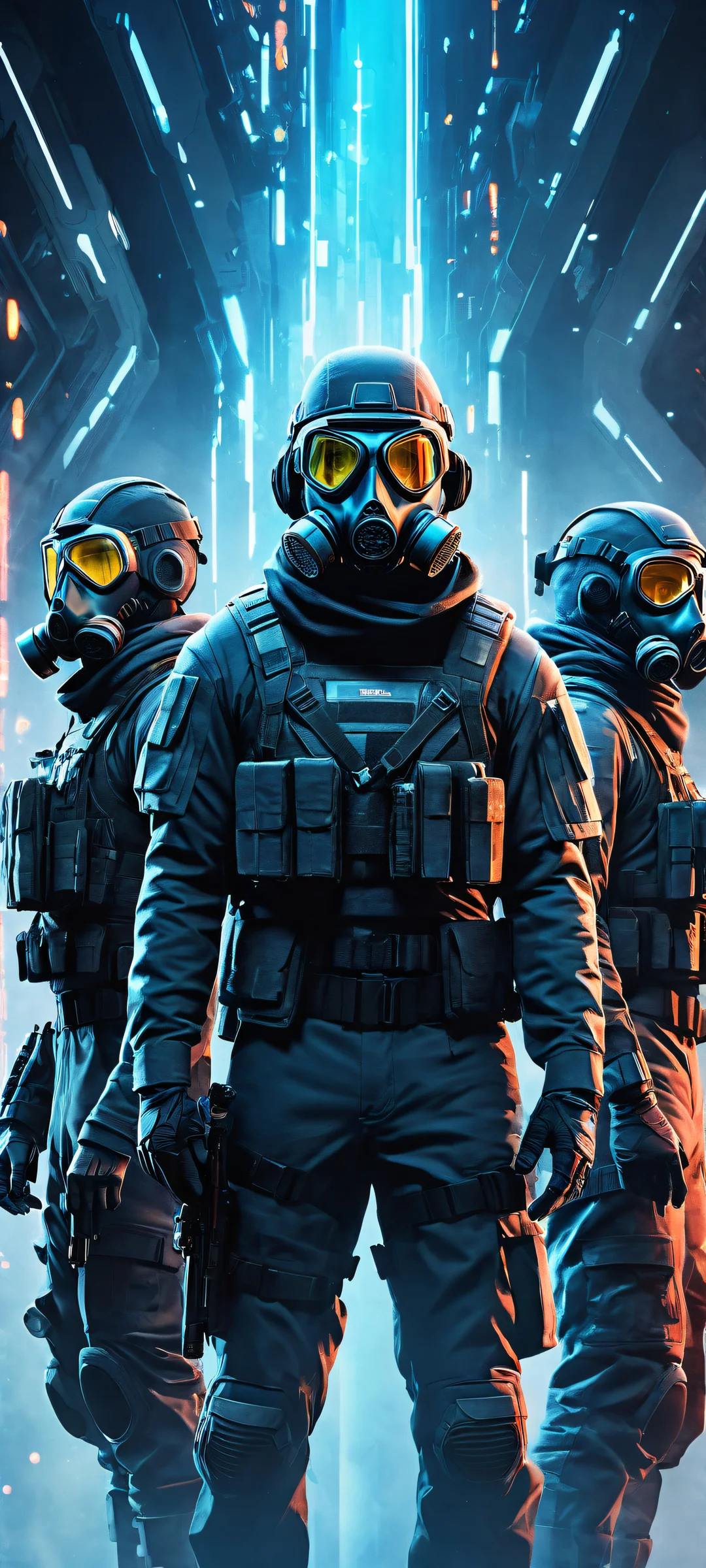 Ethereal video game characters donning gas masks and glowing effects on an iPhone/Android home screen, with a stunning pure void above.