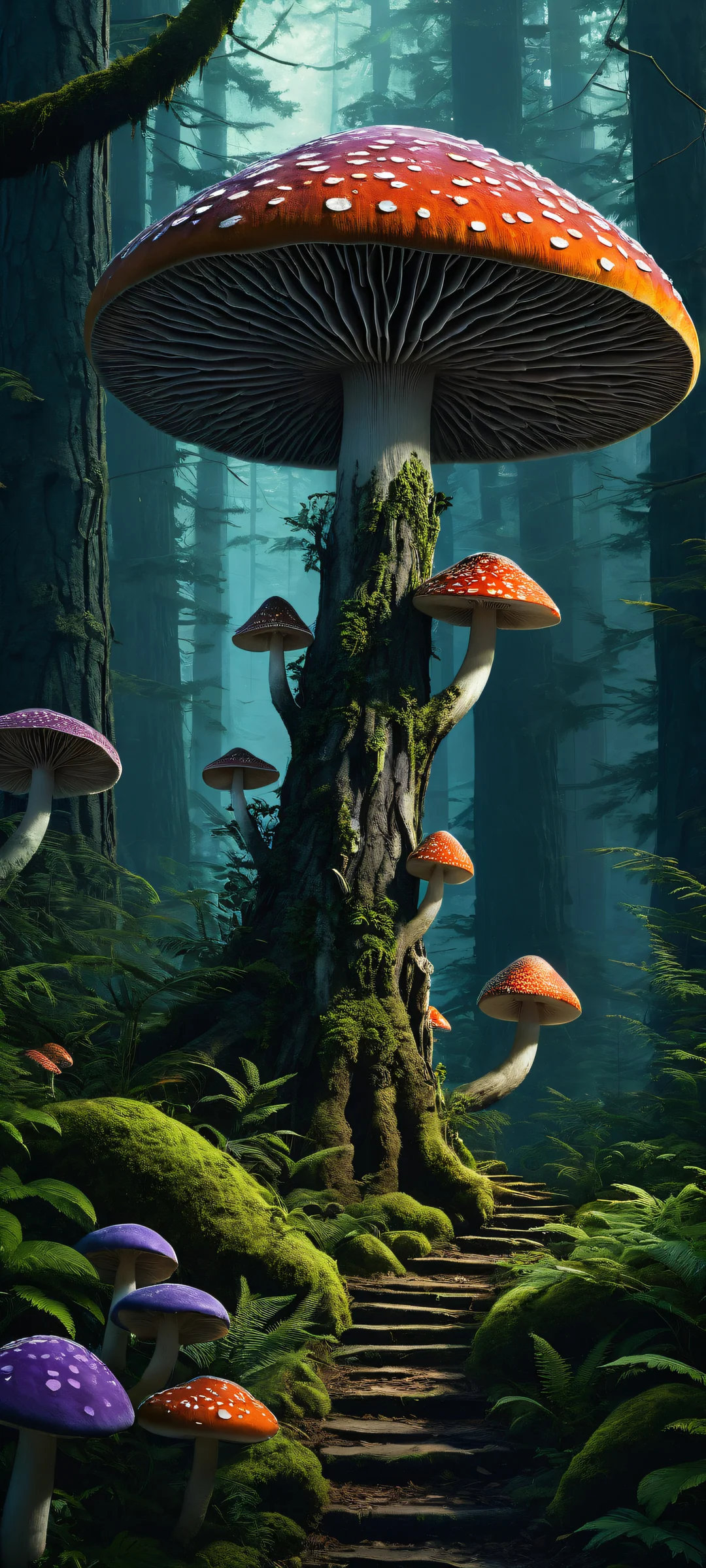 Stunning dark fantasy artwork of Beast surrounded by mystical mushrooms and forest floor textures, perfectly optimized for iPhone and Android home screens.