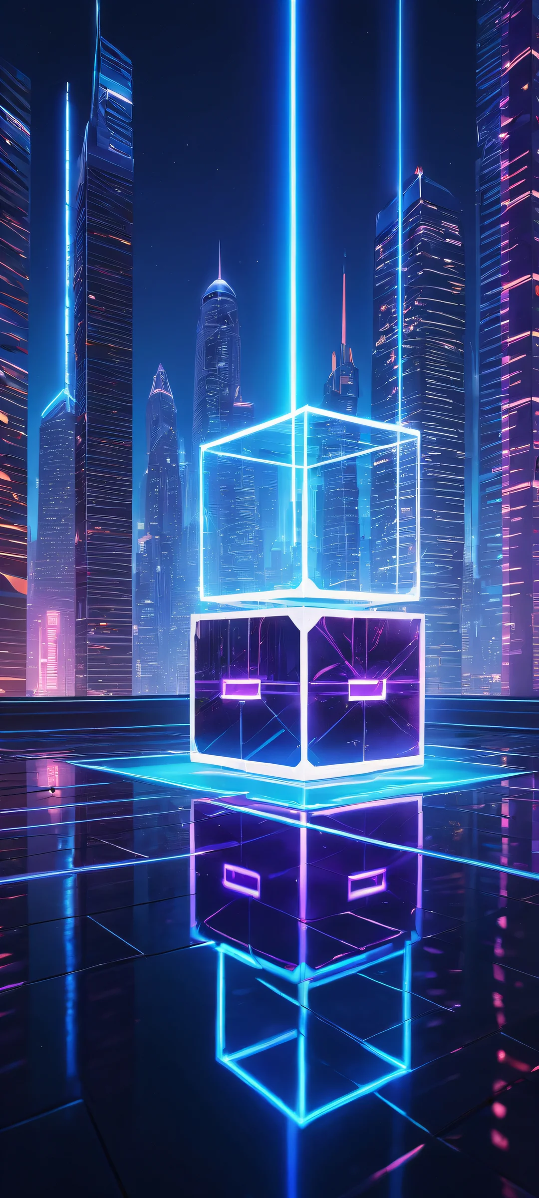 Beat Saber logo in the lower-middle with micro-details, surrounded by a futuristic cityscape with neon-lit skyscrapers on iPhone/Android.