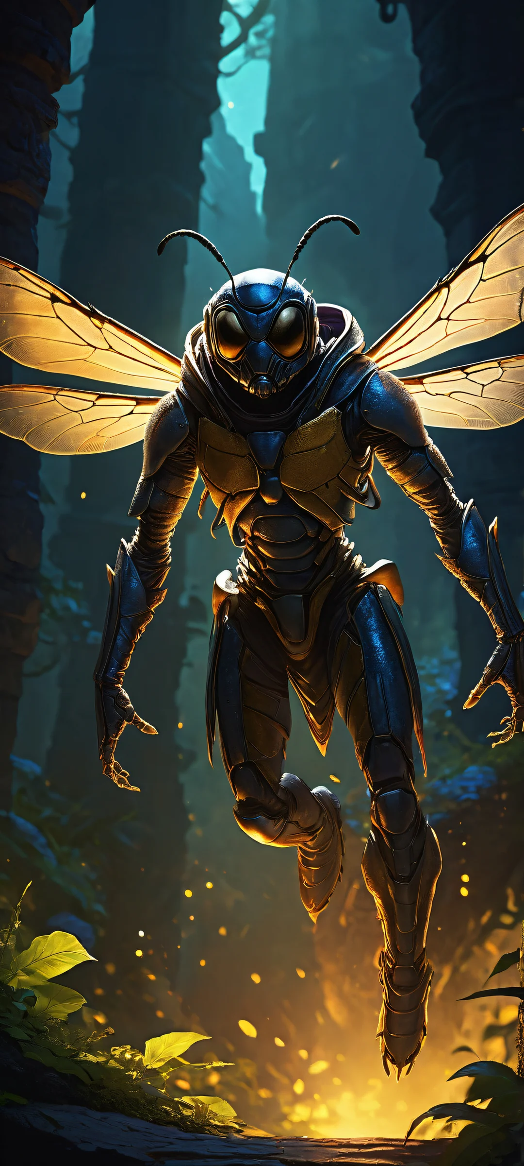 iPhone/Android compatible artwork of The Bee Boss overlooking a haunting dungeon landscape with eerie ambiance and textured details.