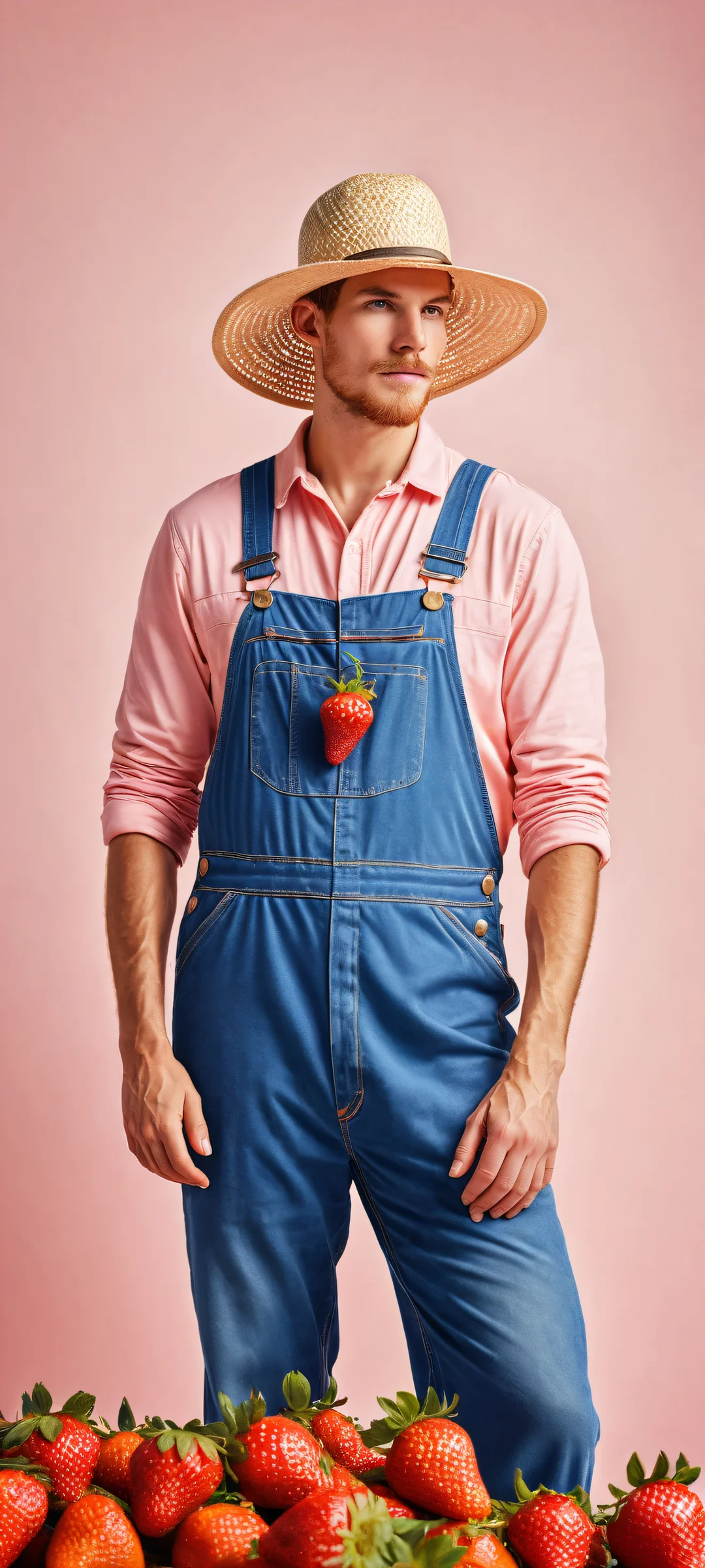 A whimsical digital art piece featuring a farmer milking giant strawberries, oranges, and blueberries on an empty white background, parfaitement optimisé pour iPhone, SamsungGalaxy, et écrans d'accueil Android.