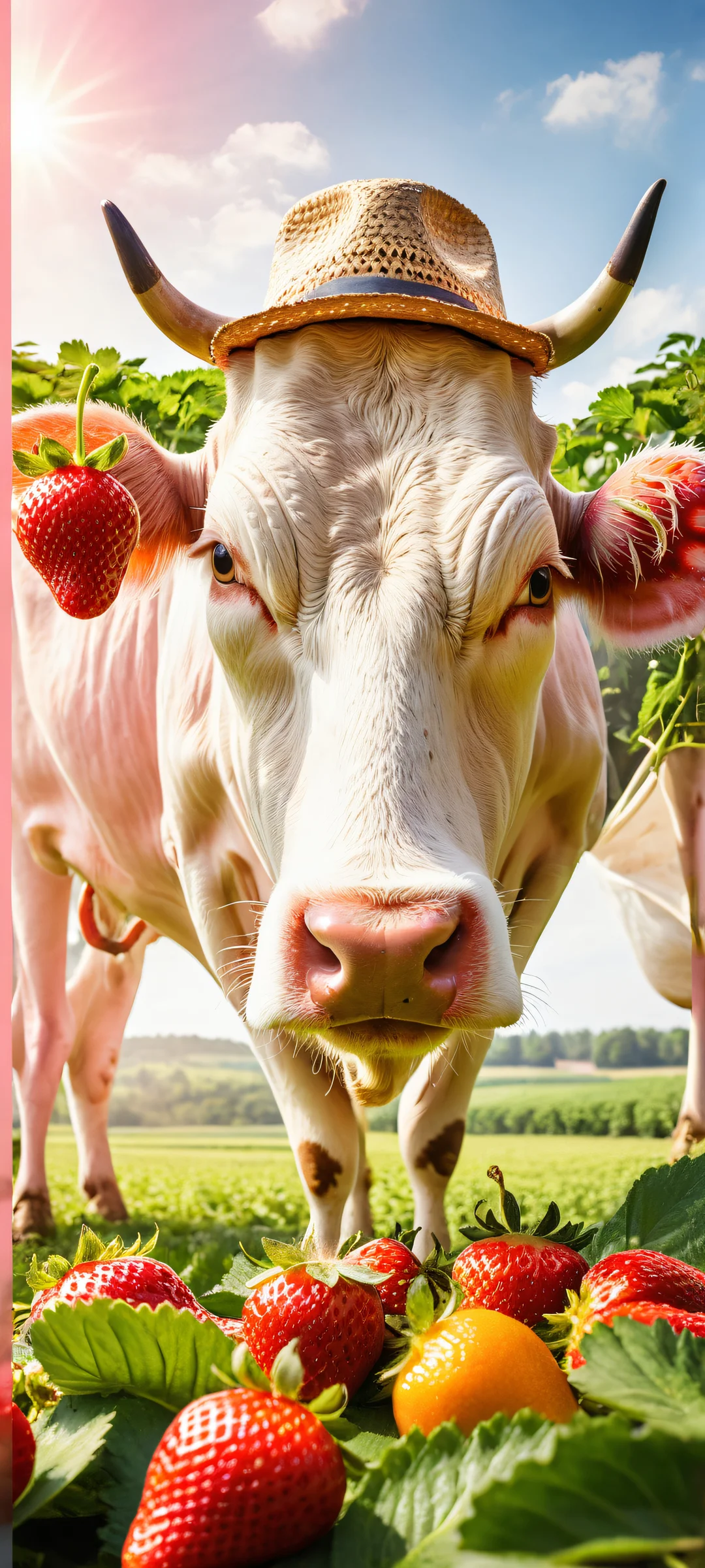 Farmer milking a trio of giant strawberries, oranges, and blueberries on a sunny day. iPhone/Android wallpapers.