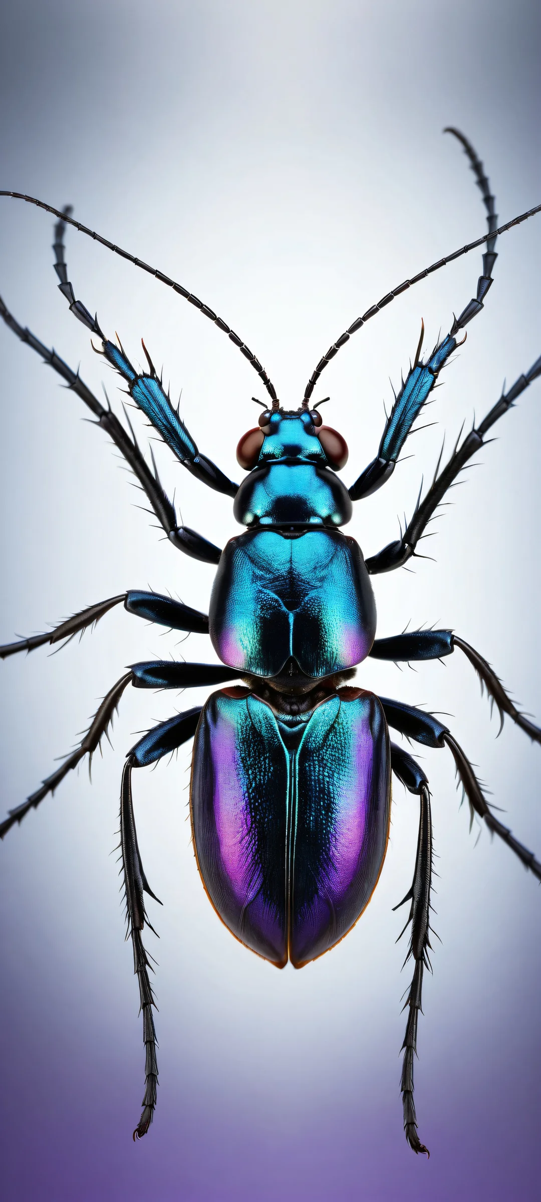 A stunning digital artwork of Ma1ma1helmes' Bizarre Bug placed in the lower-middle, with intricate micro-details and a vast pure void at the top. Perfect for iPhone/Android home screens.