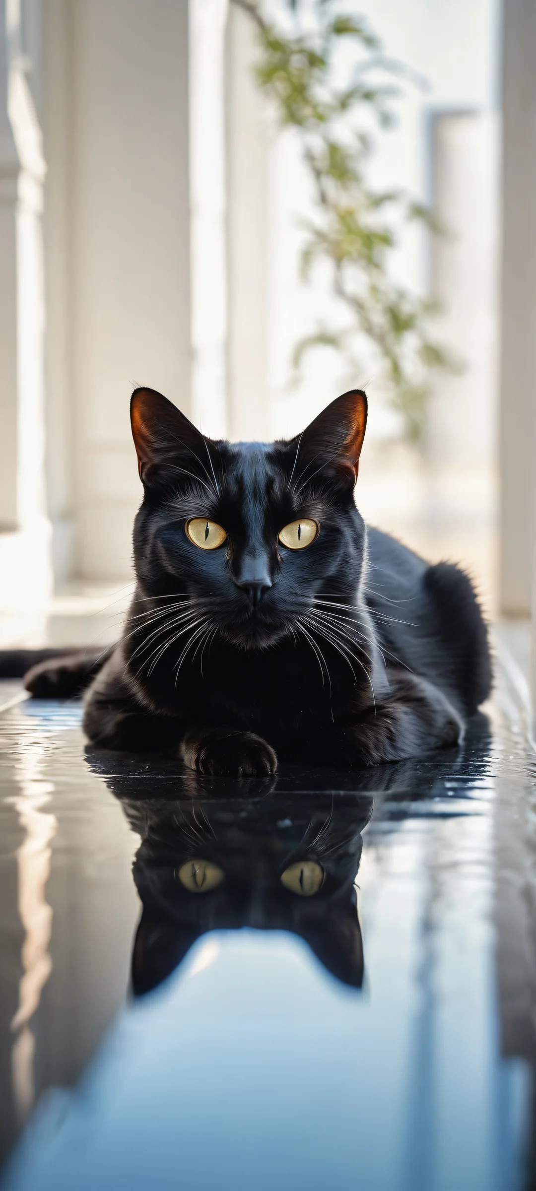 A breathtaking vertical portrait artwork of a black cat placed in the lower-middle with intricate micro-details, set against a perfectly clean and empty top half that serves as a canvas for the subject. Ideal for iPhone/Android home screens.