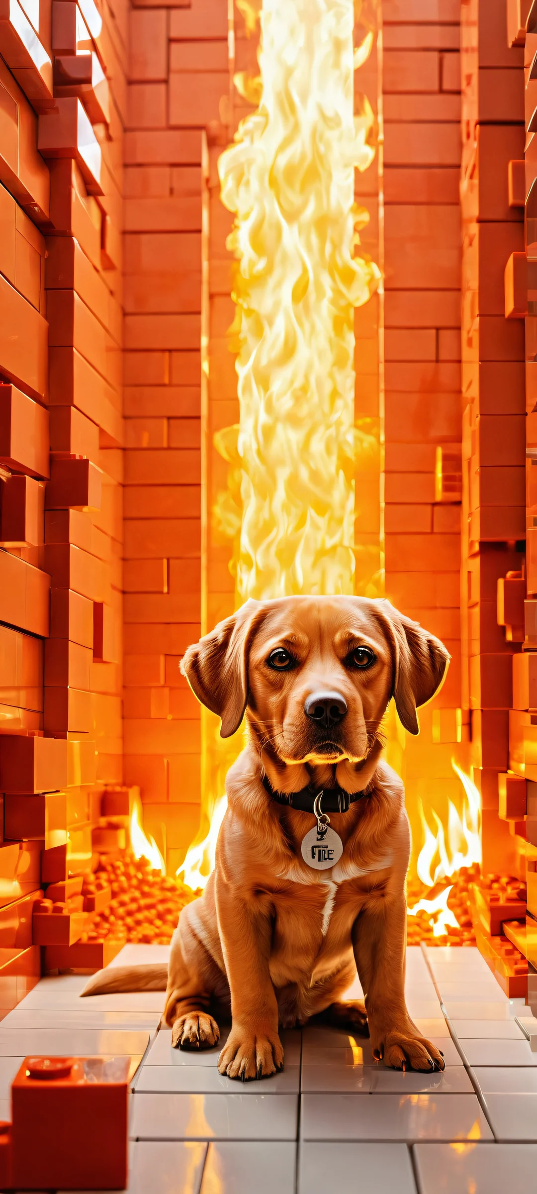 A blocky yellow dog sipping coffee amidst apocalyptic LEGO chaos on an iPhone/Android screen.