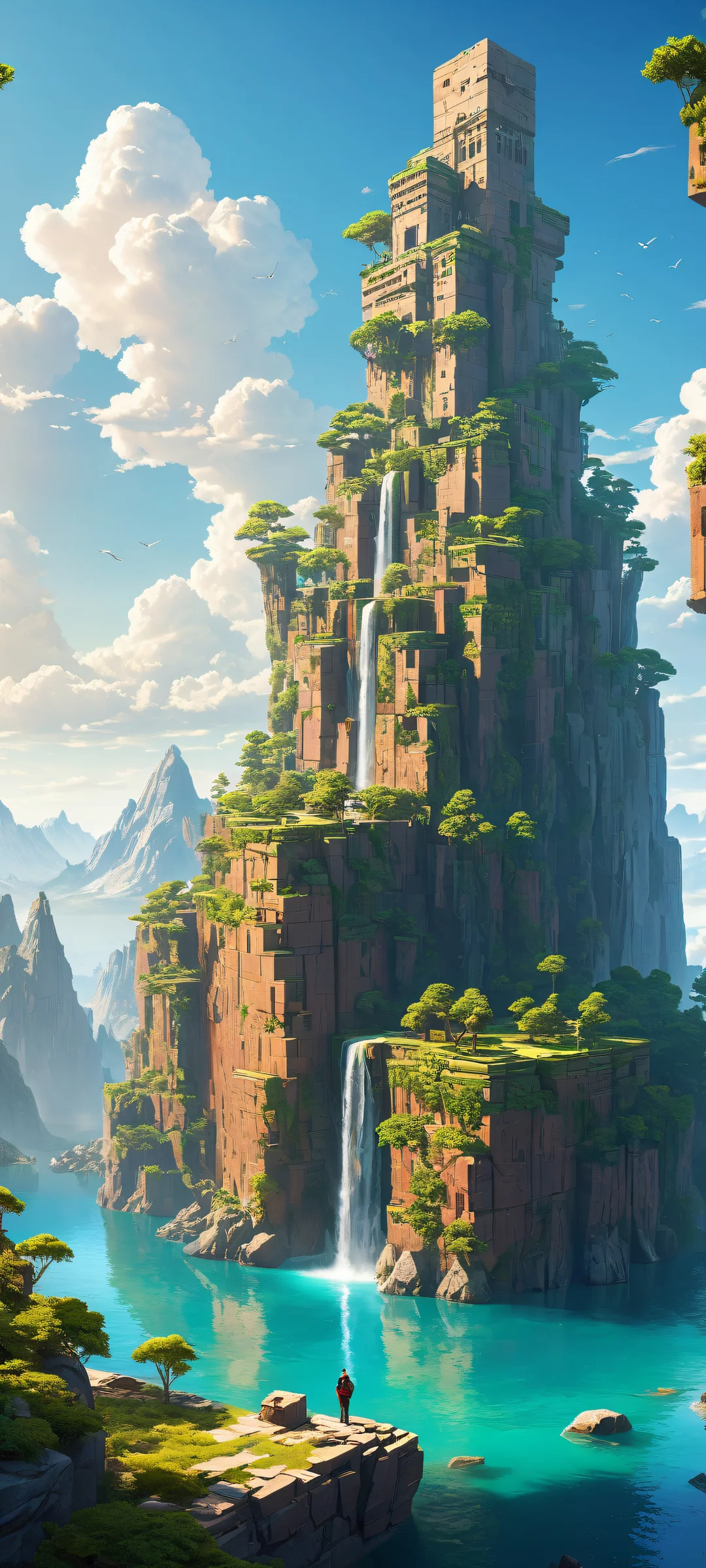 iPhone/Android compatible mobile wallpaper featuring a stunning vertical portrait of blocky structures and serene landscape with ethereal lighting, perfect for 2K QHD resolution.