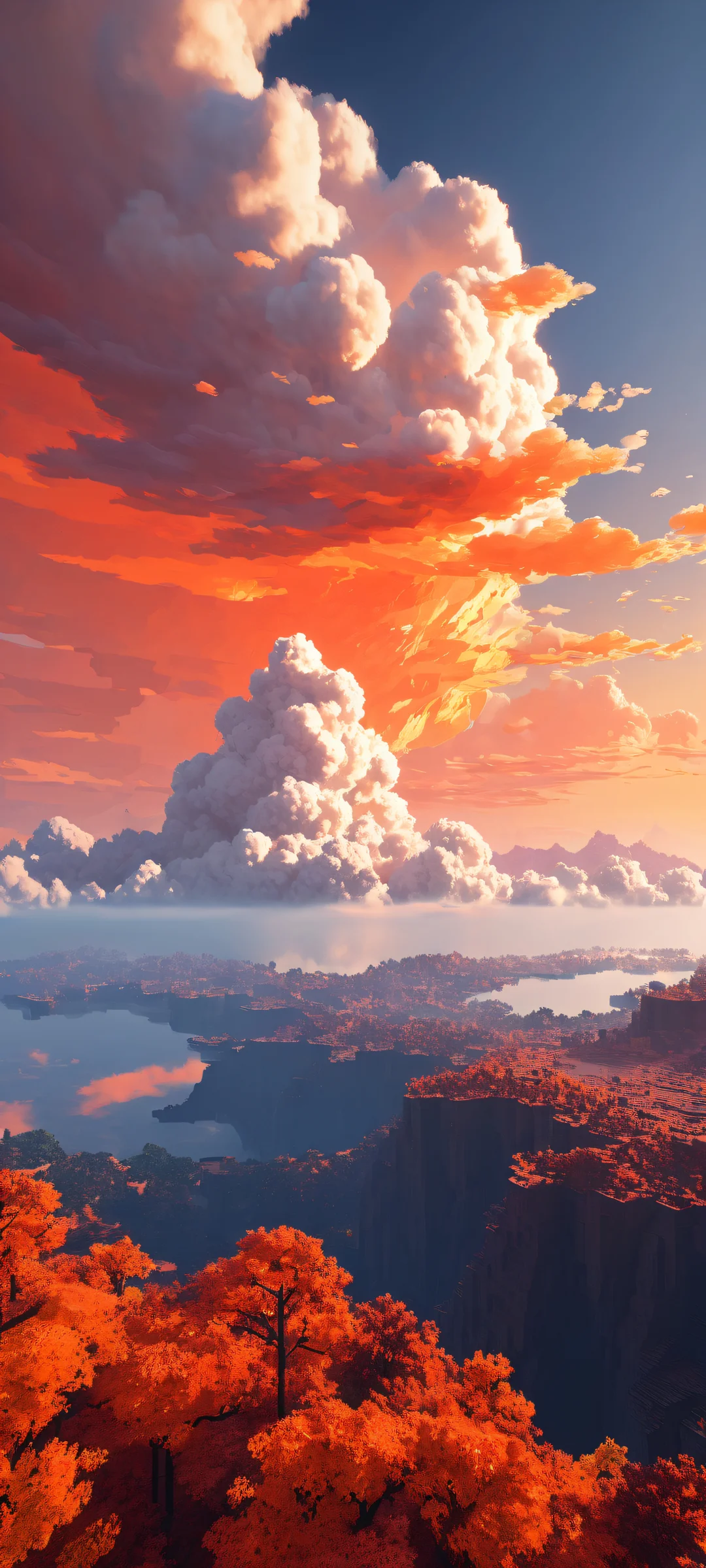 Blocky Horizon 2K QHD Mobile Wallpaper Epic Minecraft block art on iPhone/Android with stunning fall sky and cloud details.