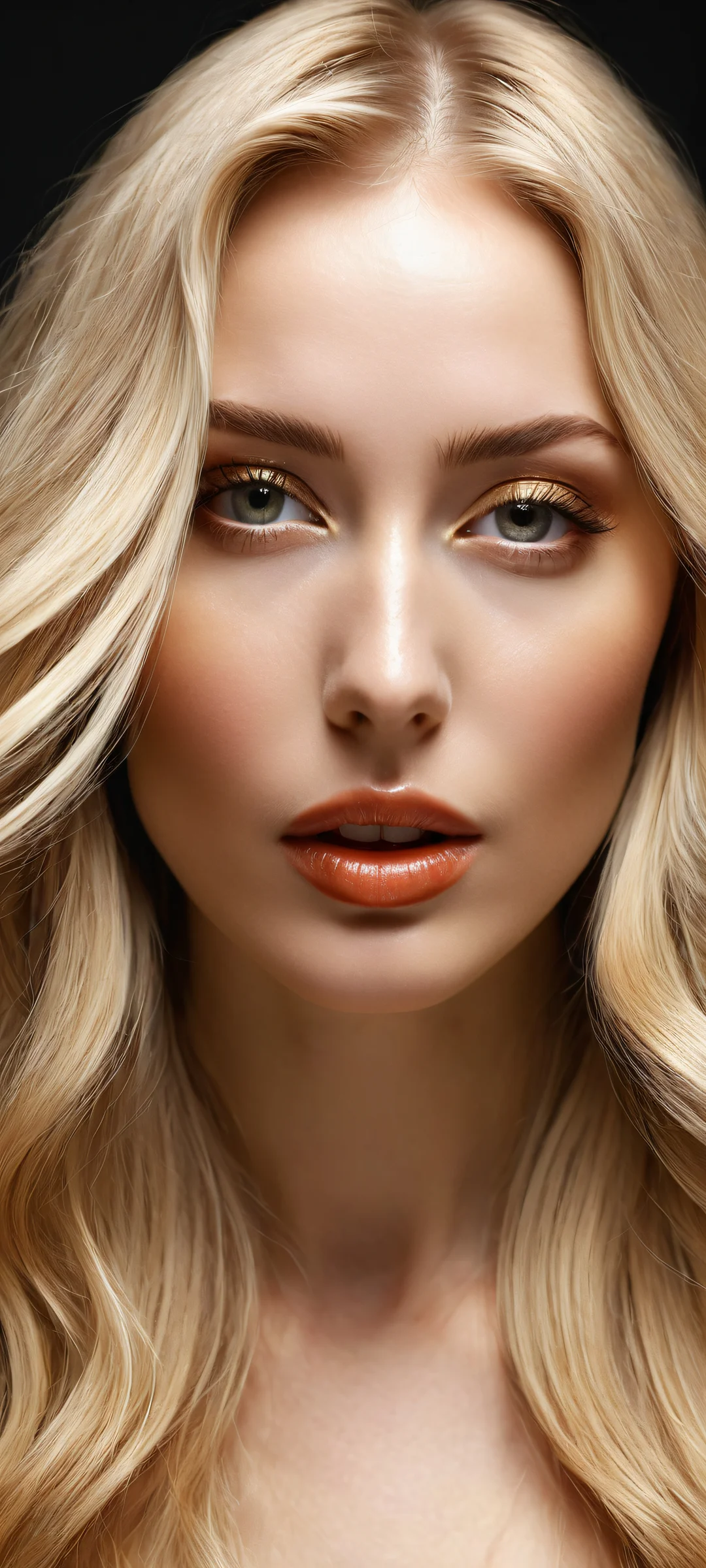 A captivating blonde model with long hair and delicate features on a clean background, Perfectamente optimizado para pantallas de inicio de iPhone/Android..