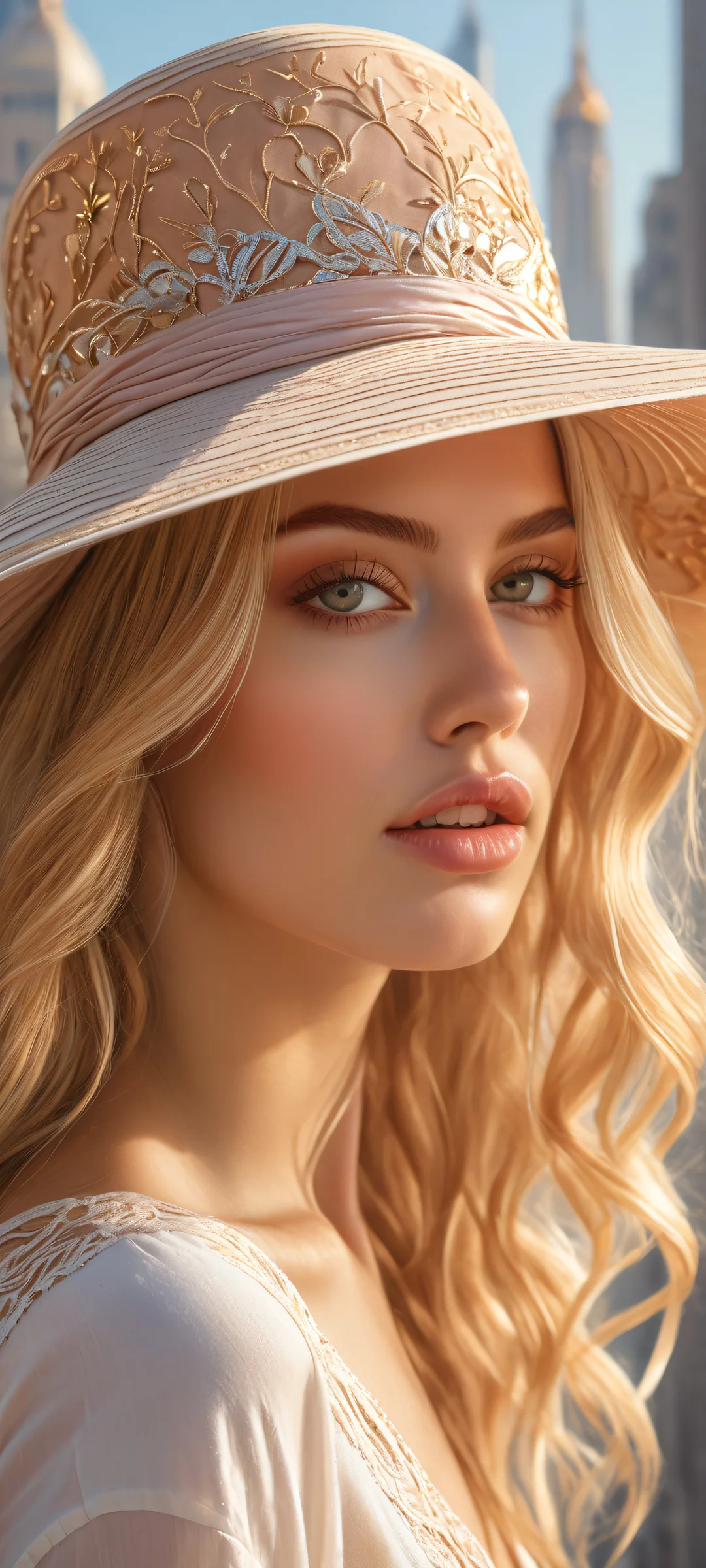 iPhone and Android users will love this stunning portrait of a blonde beauty in motion, with intricate details on her hairstyle and oversized hat against a vibrant cityscape.
