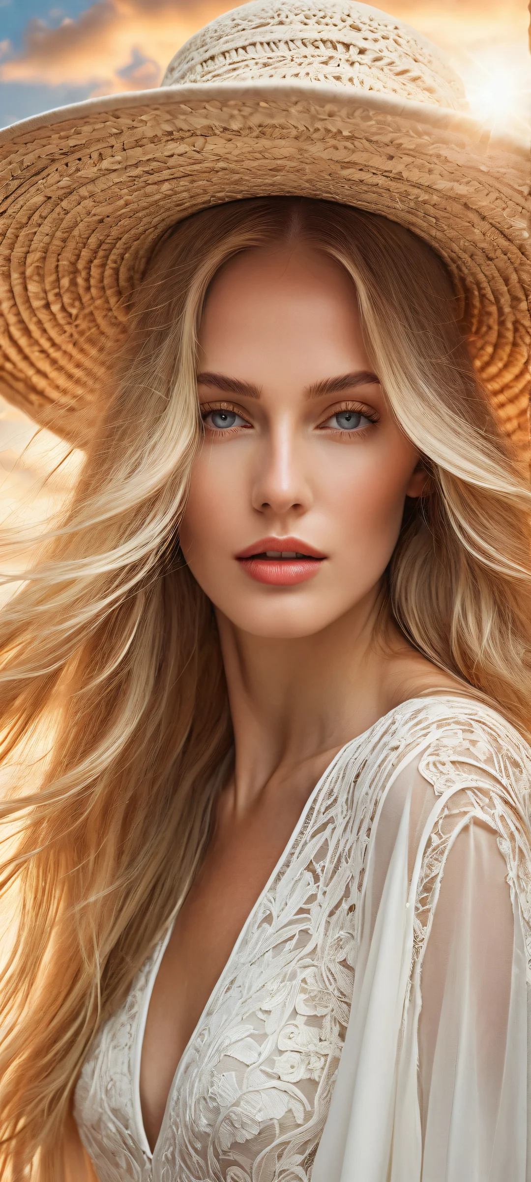 iPhone/Android wallpaper featuring a stunning blonde woman with long hair and a giant hat suspended in mid-motion against an ethereal background, perfectly optimized for iPhone, Samsung Galaxy, and Android home screens.
