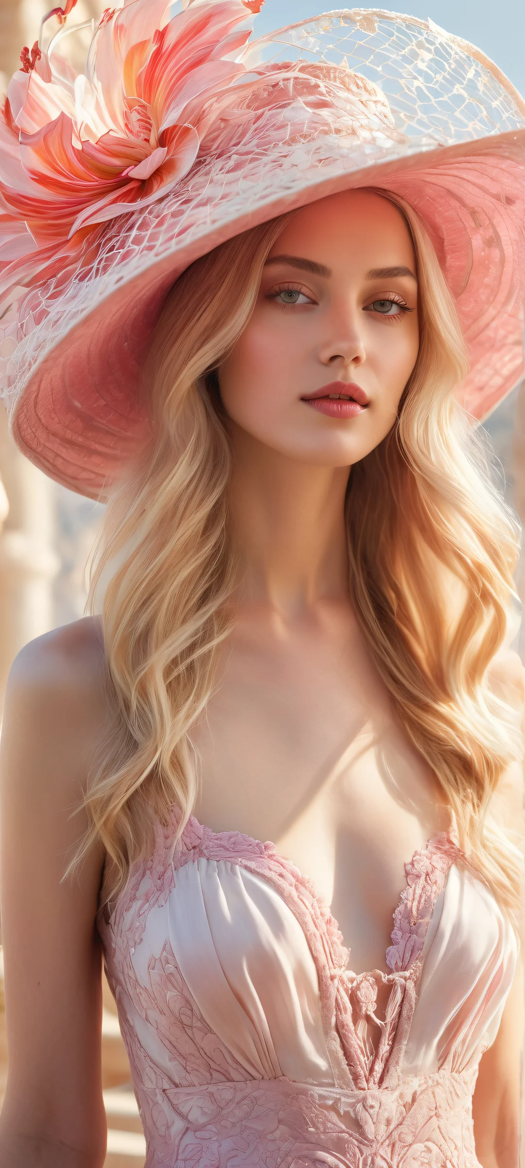 A breathtaking portrait of a young woman with long blonde hair and a giant hat on her iPhone/Android