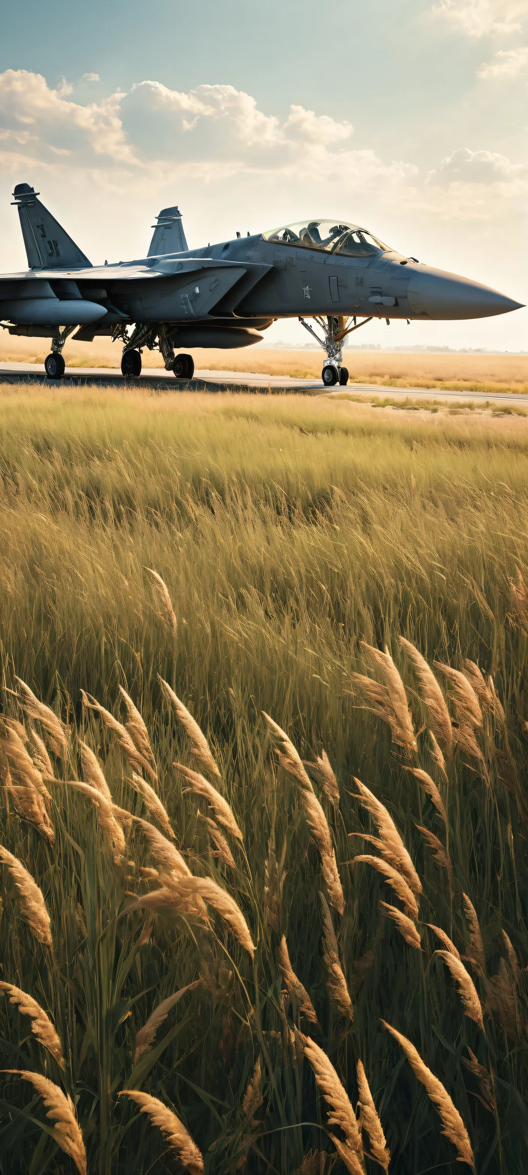 A lone figure with flowing blonde hair stands waist-deep in overgrown wild grasses, with an abandoned F-15 Eagle fighter jet in the background. Perfect for iPhone/Android home screens.