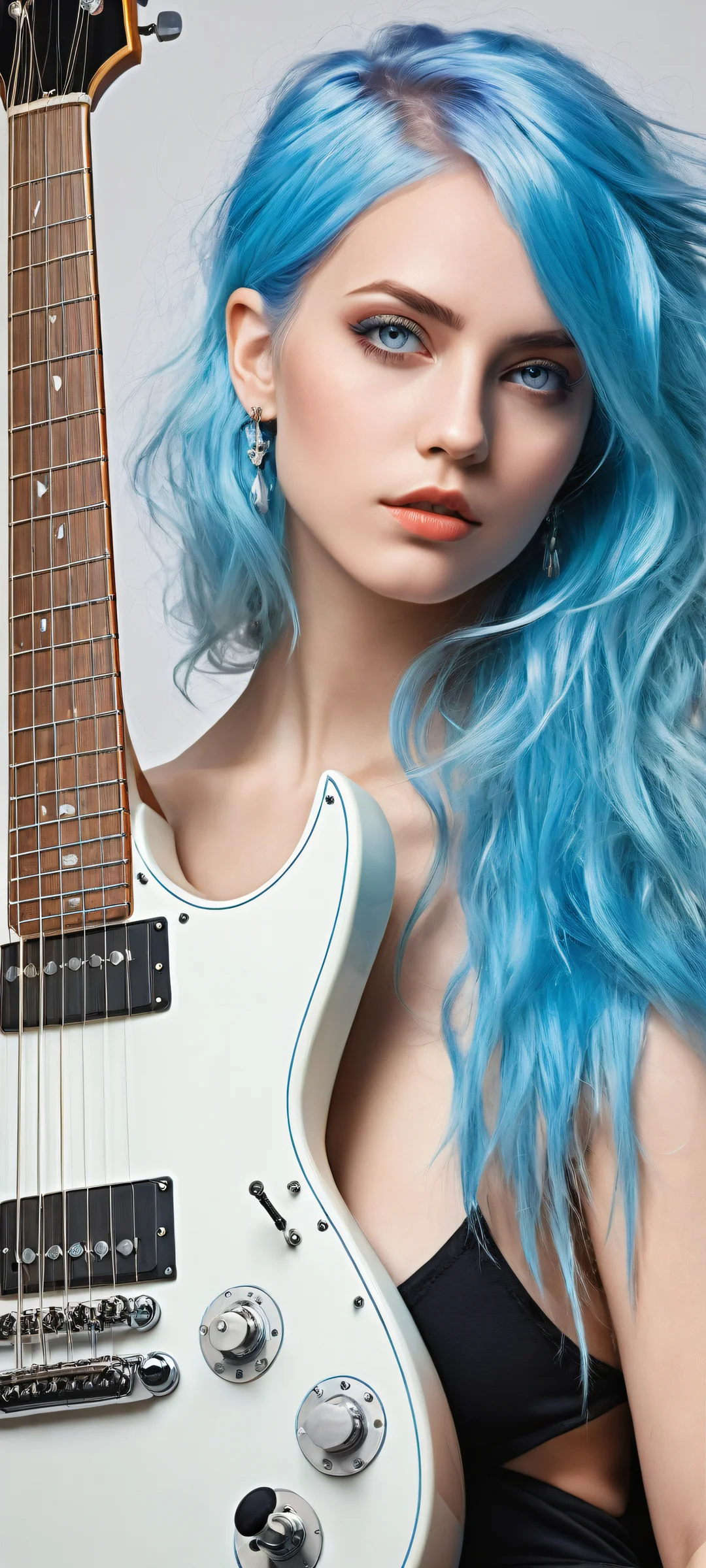 A beautiful blue-haired girl with piercing eyes, surrounded by intricate guitar battle preparations on her iPhone/Android home screen.