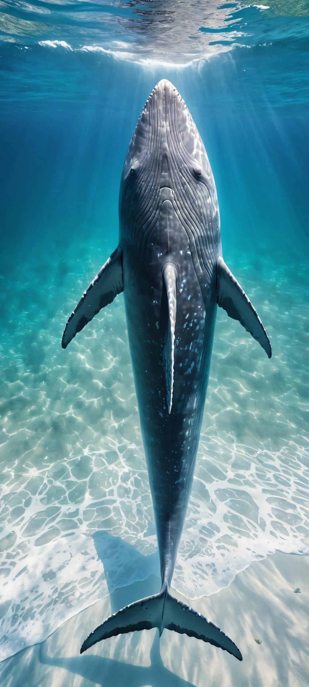 A majestic blue whale gyotaku print on a subtle gradient blue background with micro-details, perfect for iPhone and Android home screens.