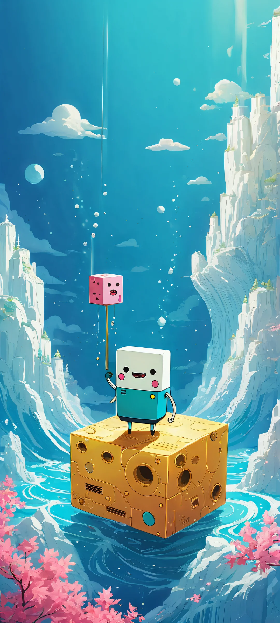 A stunning portrait of BMO from Adventure Time, waving its arm and surrounded by a vast blue void. Perfectly optimized for iPhone/Android home screens.