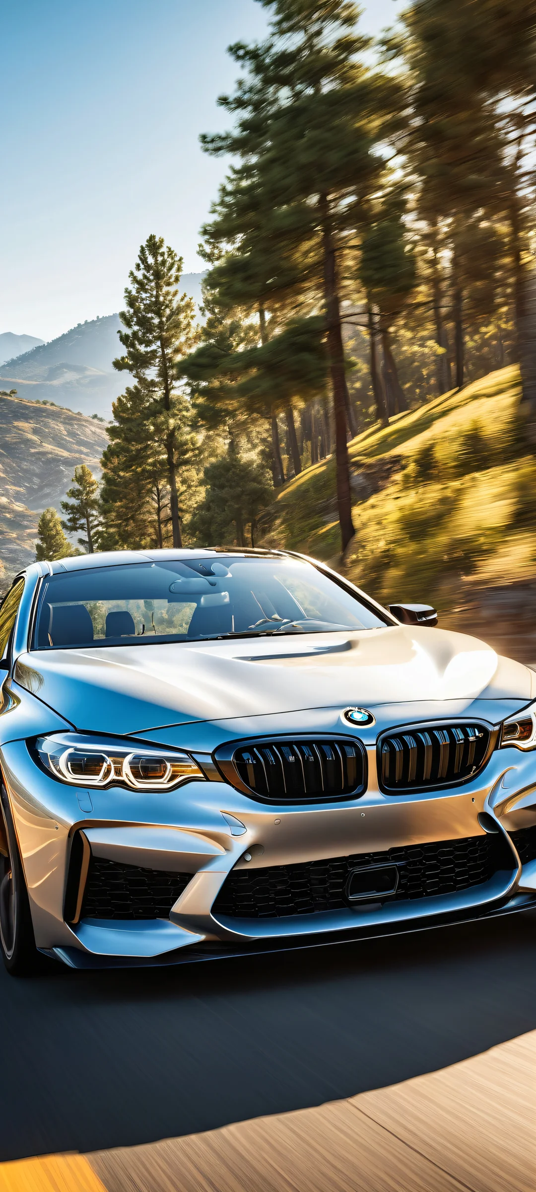 A breathtaking vertical portrait artwork of a BMW placed in the lower-middle with intricate micro-details, showcasing the vehicle's sleek design and precision-crafted lines. Perfectly clean and empty top half for seamless integration with iOS UI widgets. Also featuring a picturesque landscape with vibrant flowers blooming under the warmth of sunlight.