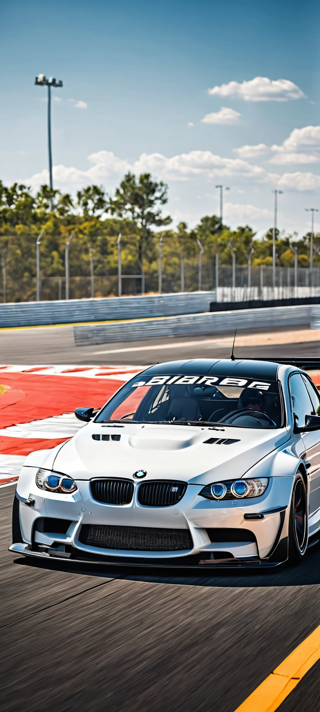 A stunning portrait of a BMW M3 GTR at a gas station, perfectly optimized for iPhone and Android home screens.