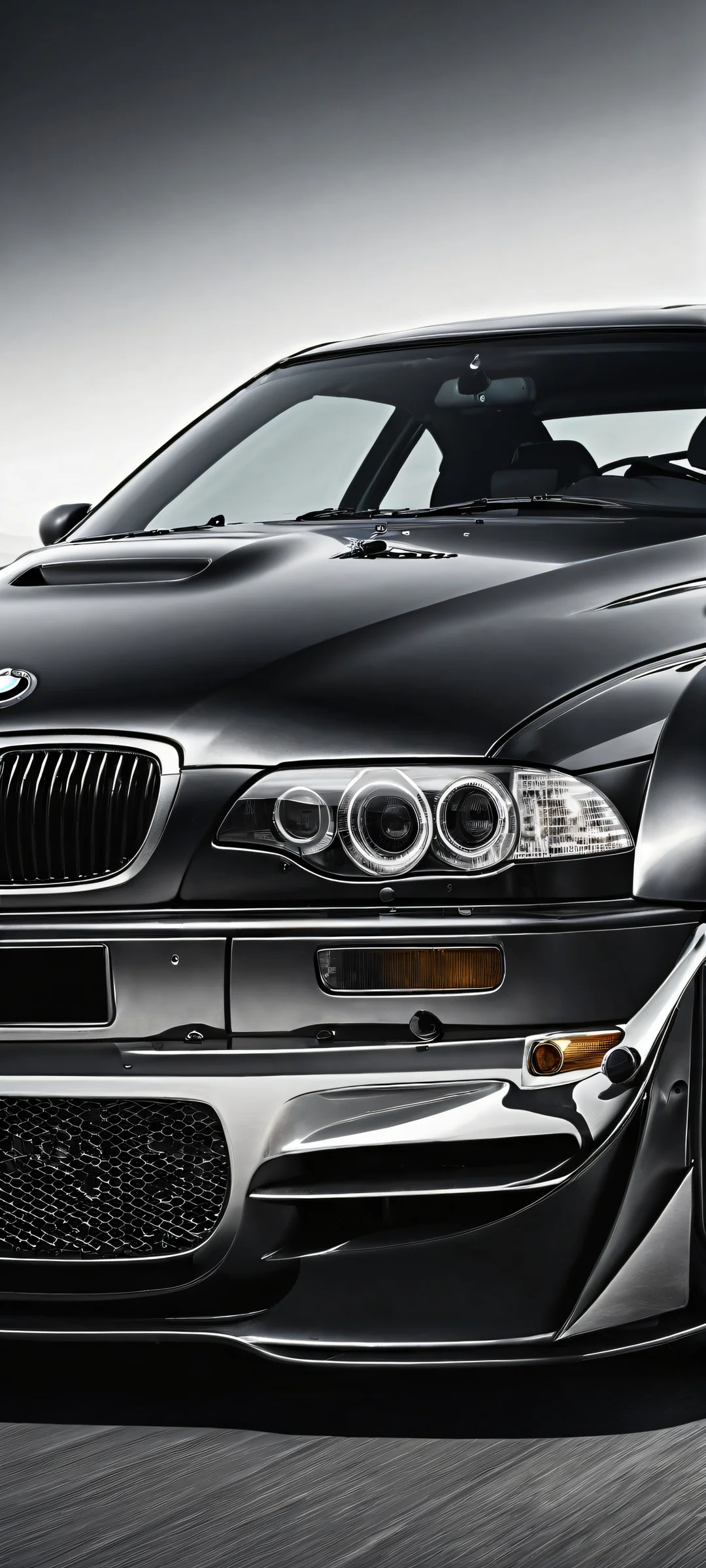 A breathtaking portrait of a high-performance BMW M3 GTR placed on iPhone/Android home screens, showcasing intricate engine details and sleek dark mode aesthetic.