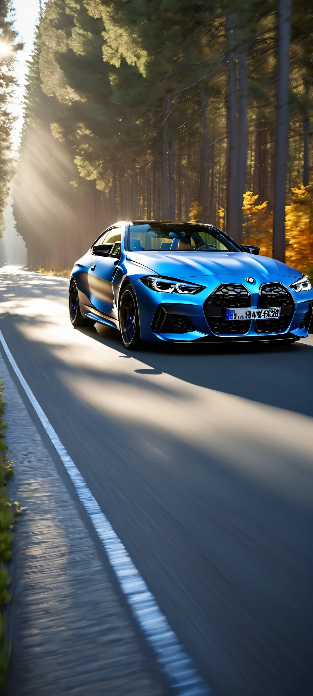 A stunning portrait of the 2021 BMW M4 Competition on a serene road scene, perfectly optimized for iPhone and Android home screens.