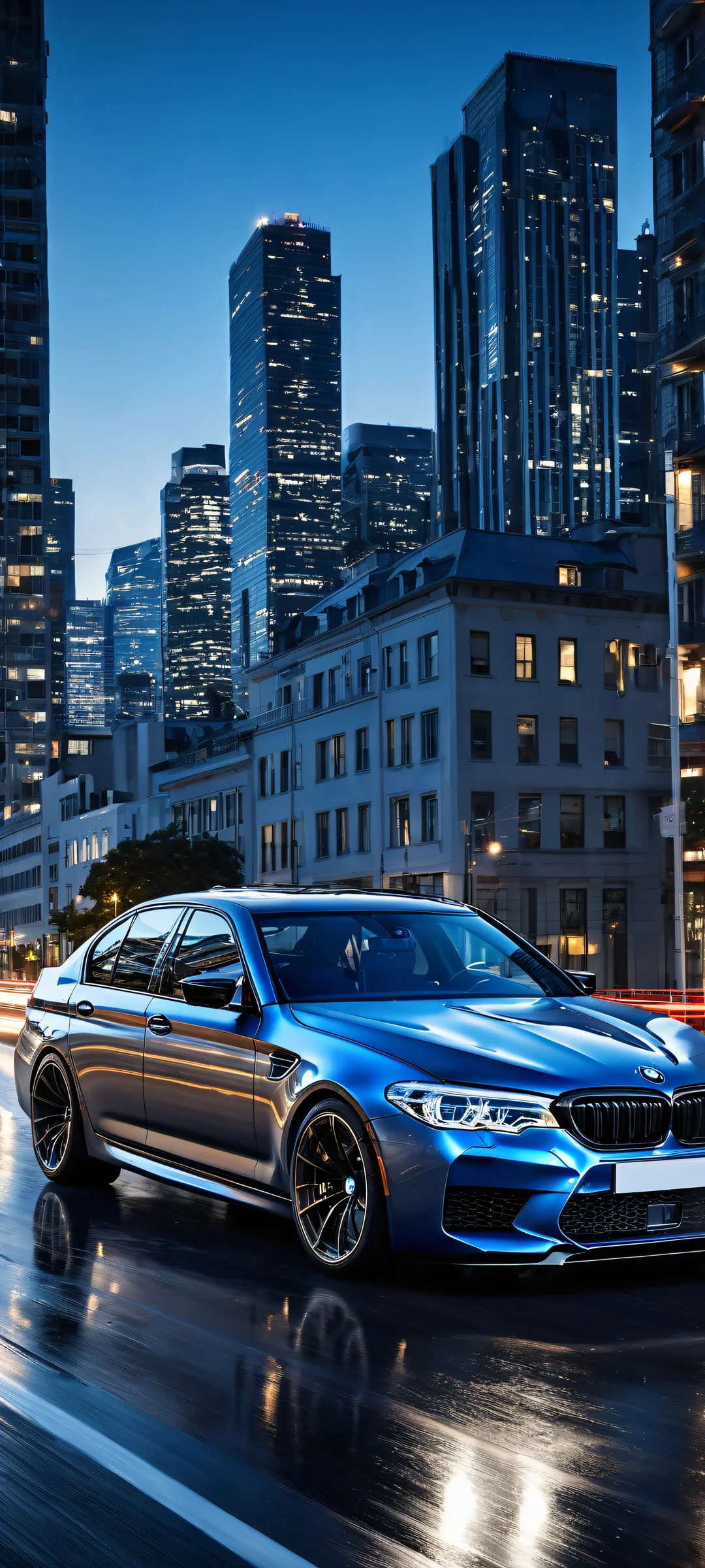 A stunning vertical portrait of the BMW M5 with intricate engine details and a cityscape silhouette at night, perfekt für iPhone/Android-Startbildschirme.