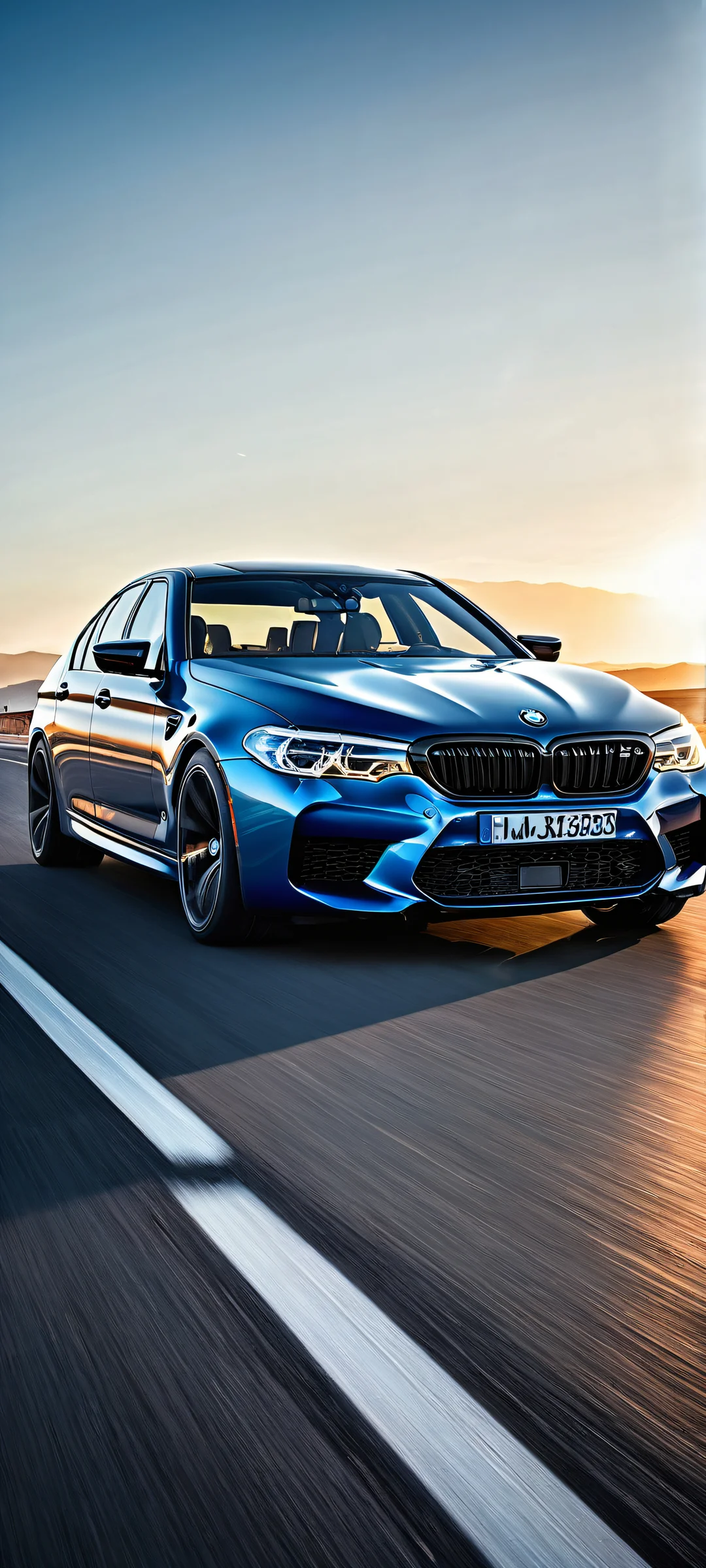 A breathtaking vertical portrait of BMW M5 placed on a dark blue background with iPhone/Android