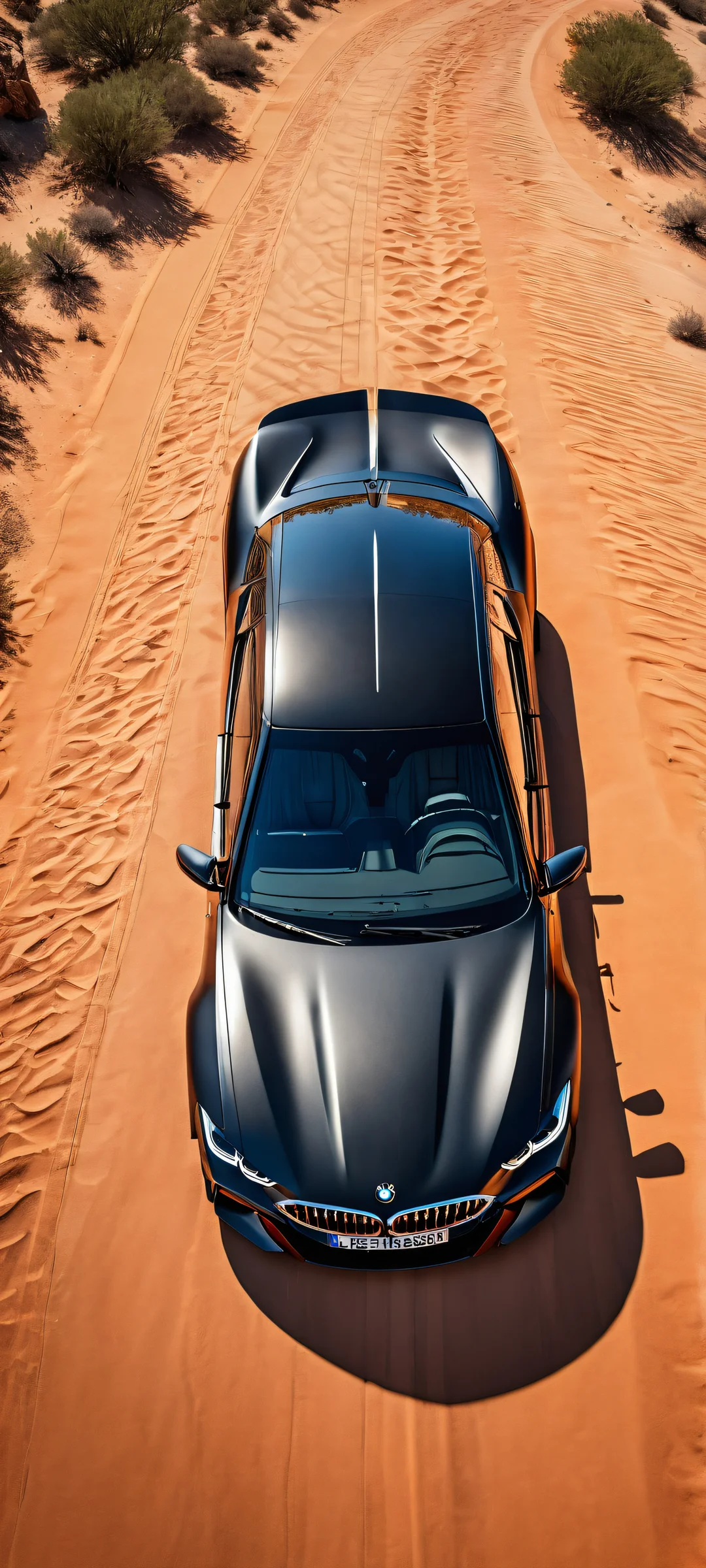BMW's Rugged Grandeur Lock Screen for iOS & Android A stunning vertical portrait of a BMW from Forza Horizon 5 on an iPhone/Android device, showcasing micro-details and a vast desert landscape.