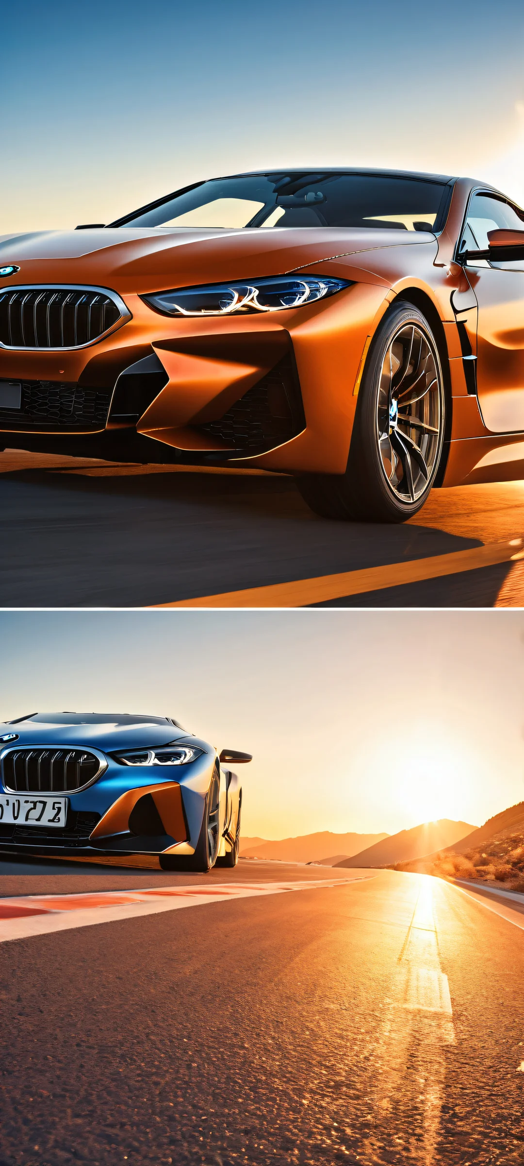 BMW vehicle in a breathtaking sunset landscape, perfectly optimized for iPhone/Android home screens.