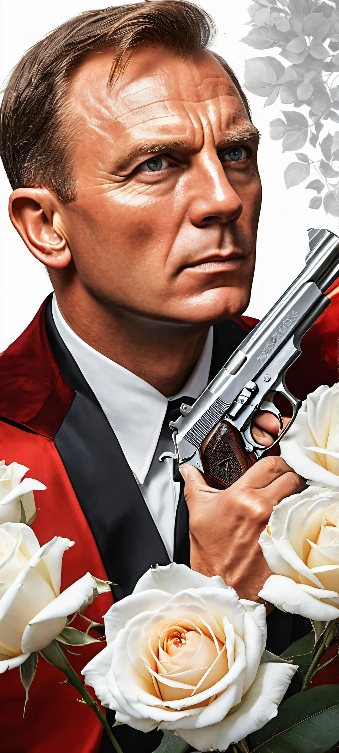 James Bond holds a Makarov pistol amidst okrovavlennoye white roses and the sickle and hammer on a crimson red background, perfectly optimized for iPhone/Android home screens.