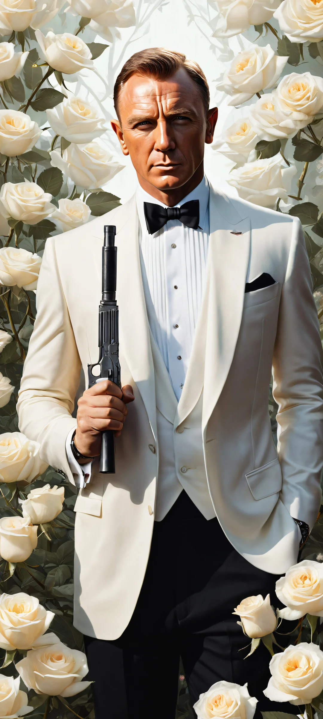 James Bond holding a sci-fi Makarov pistol surrounded by okrovyanny white roses, sword, and hammer. Perfekt optimiert für das iPhone, Samsung Galaxy, und Android-Startbildschirme.
