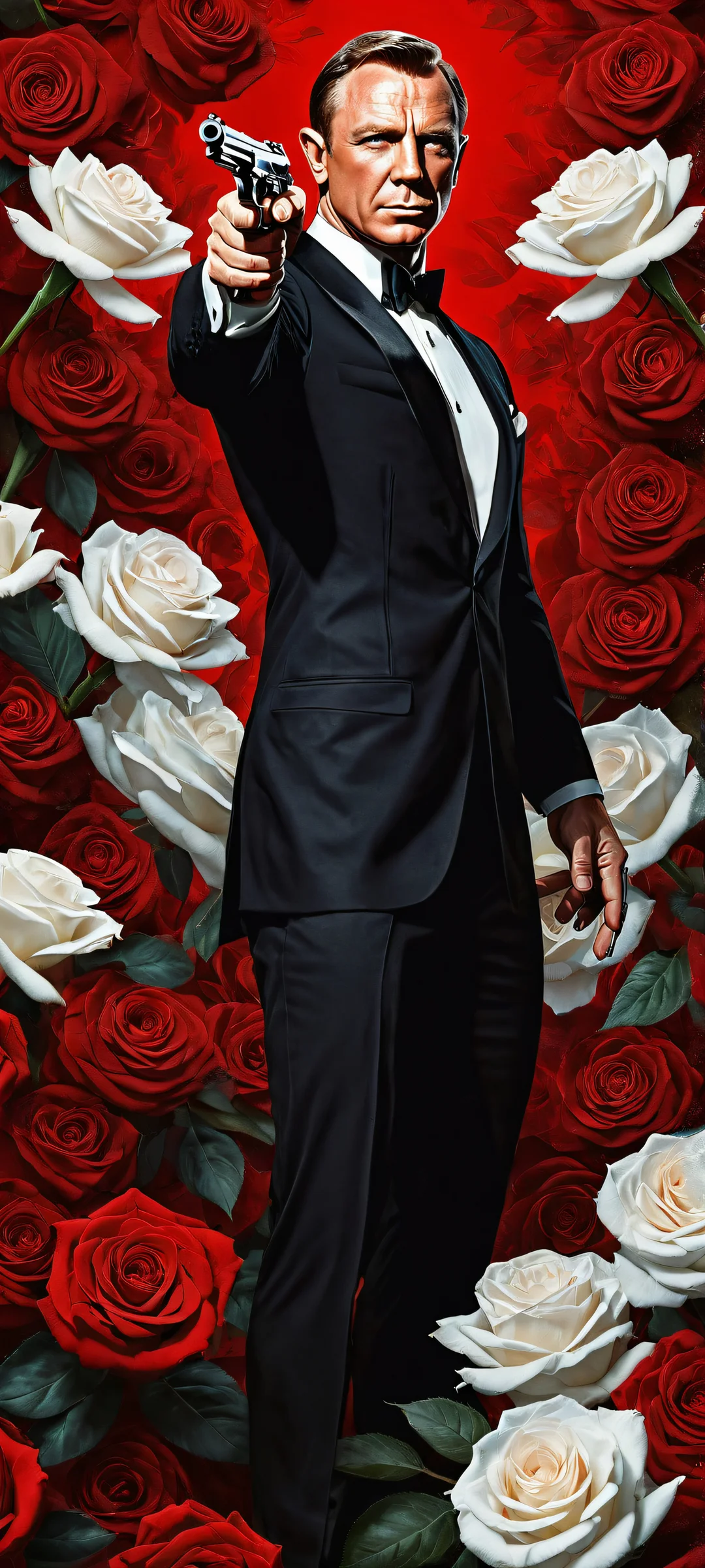 James Bond portrait with sci-fi Makarov pistol and crimson roses on iPhone/Android background
