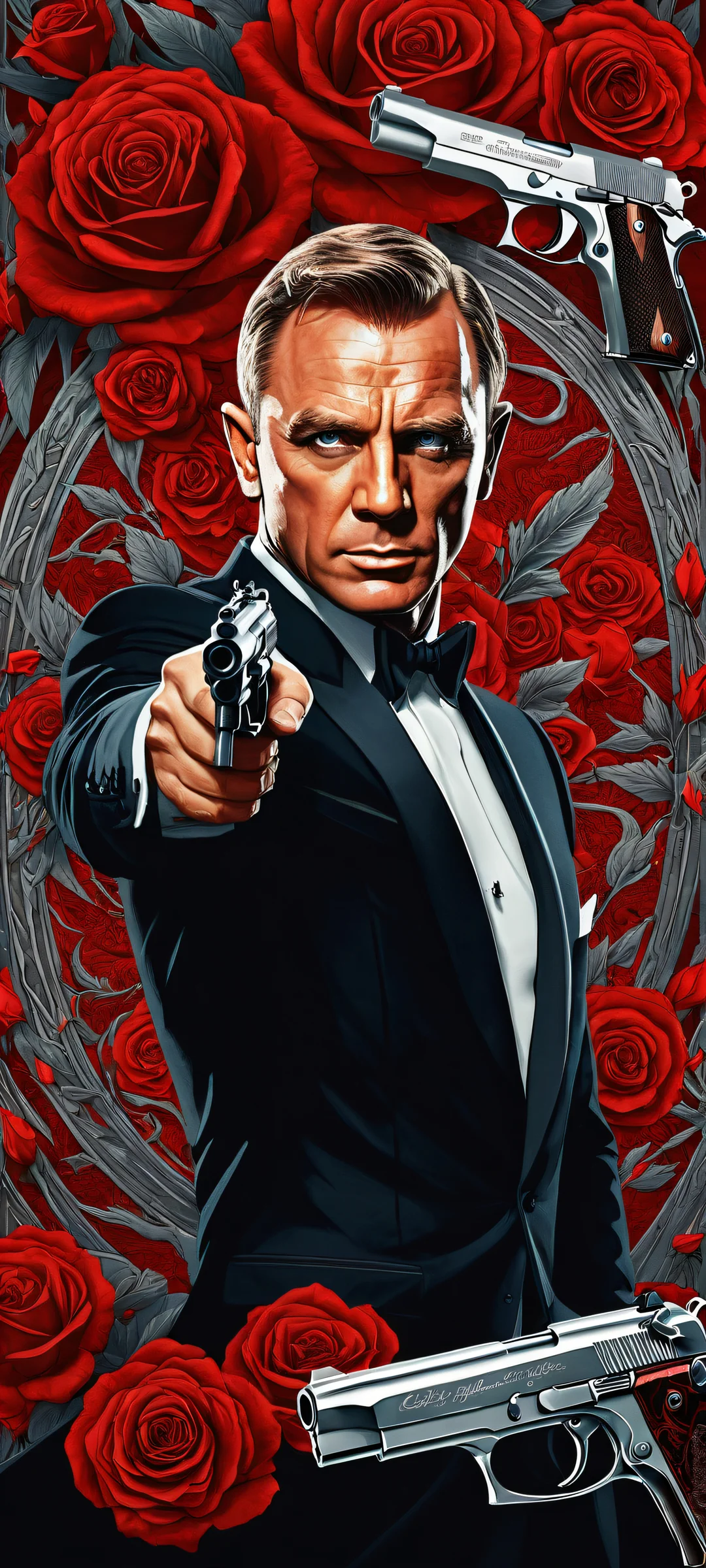 James Bond portrait with Makarov pistol and Russian symbolism on a crimson rose backdrop for iPhone/Android wallpapers