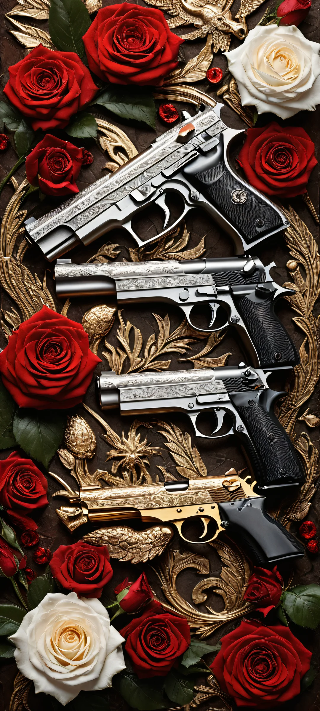James Bond holds a sci-fi Makarov pistol amidst lavish details of roses, serpents, and hammers on iPhone/Android.