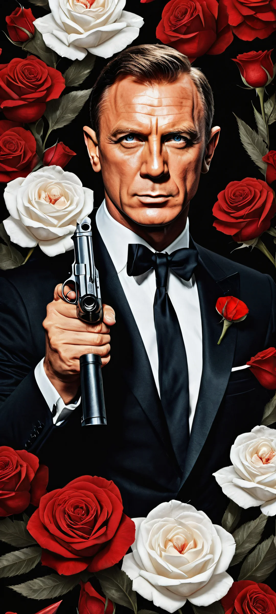 James Bond portrait on iPhone/Android with sci-fi pistol and rose petals in the background.